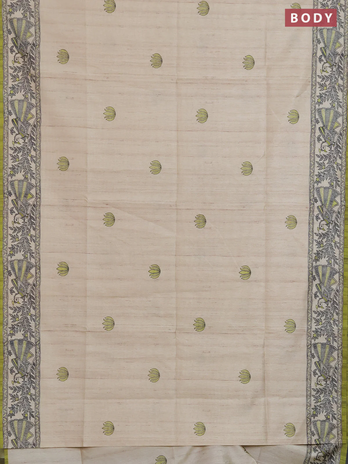 Semi tussar saree lime green and cream with butta prints and madhubani printed pallu & border - Image 2