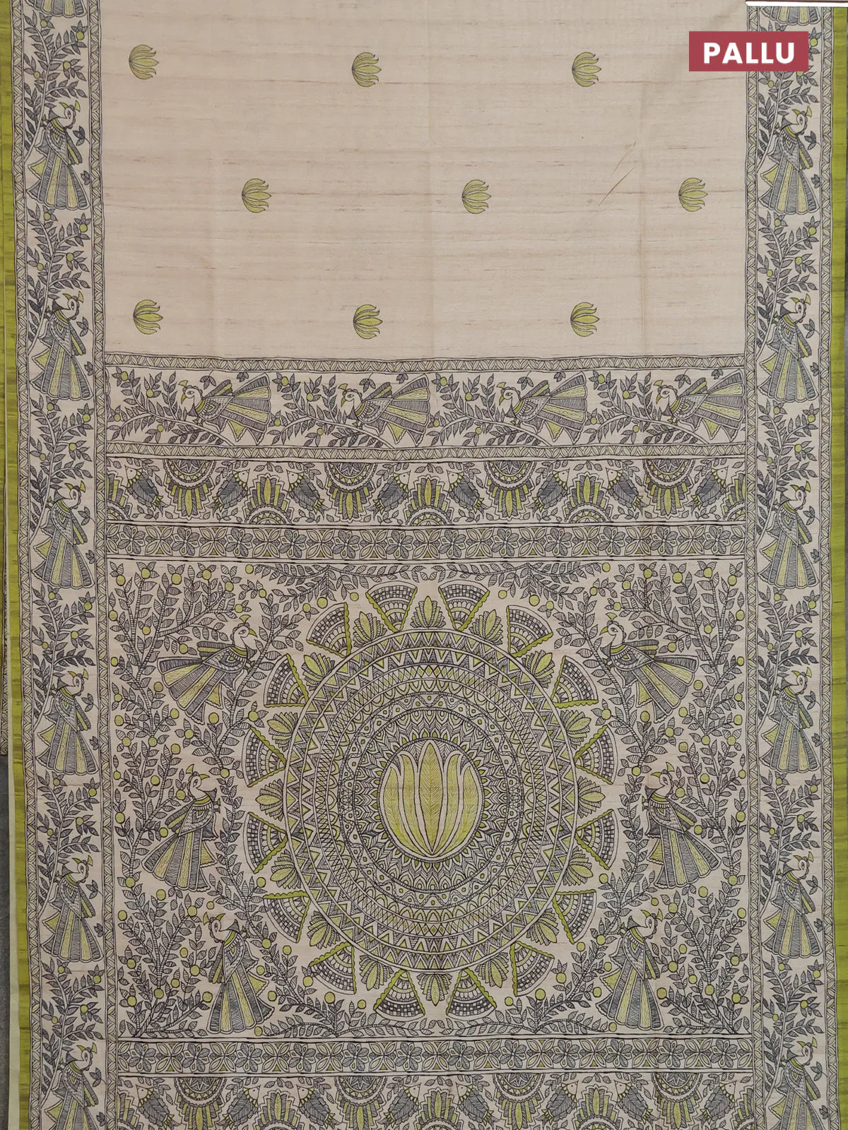 Semi tussar saree lime green and cream with butta prints and madhubani printed pallu & border - Image 3