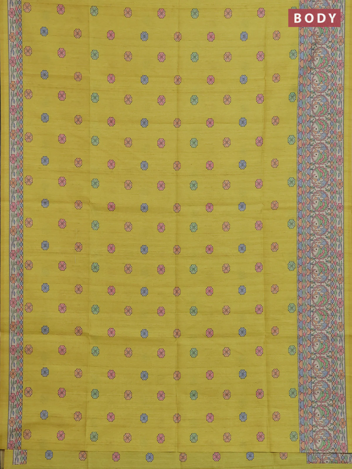 Semi tussar saree lime yellow and beige with allover butta prints and madhubani printed pallu & border - Image 2