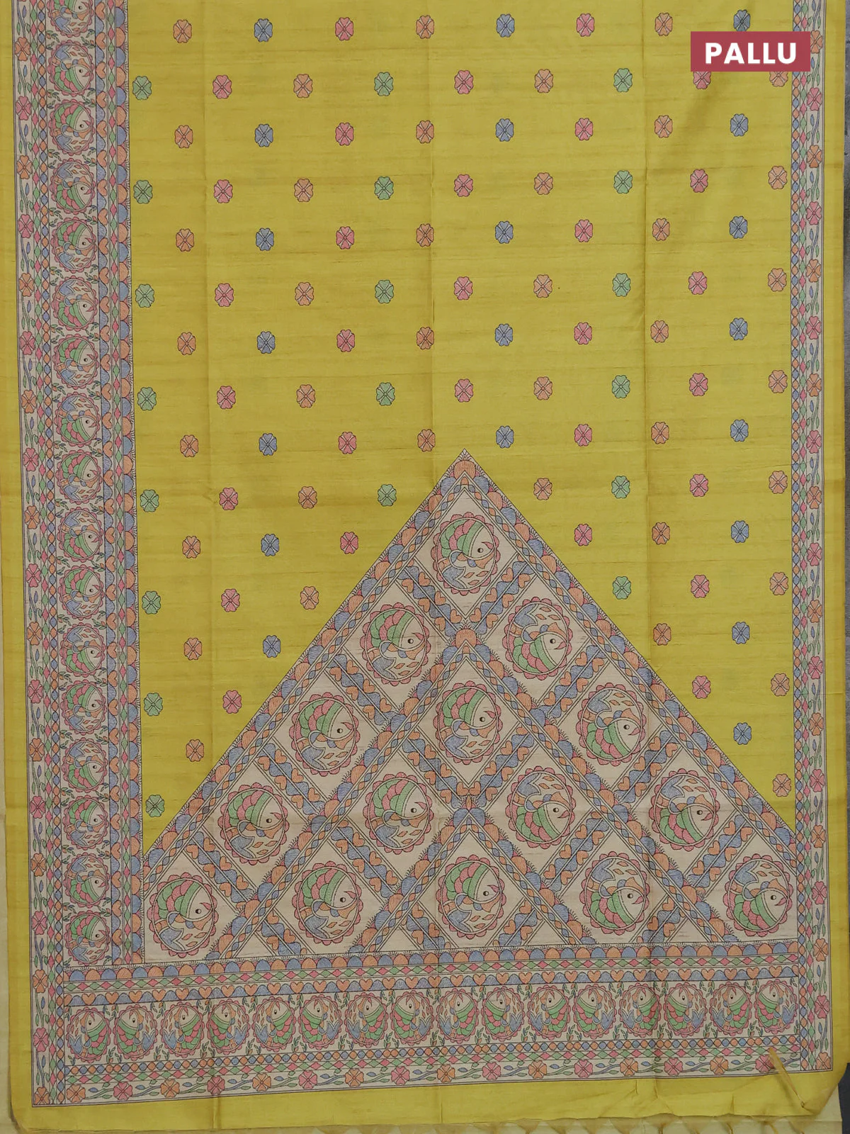 Semi tussar saree lime yellow and beige with allover butta prints and madhubani printed pallu & border - Image 3