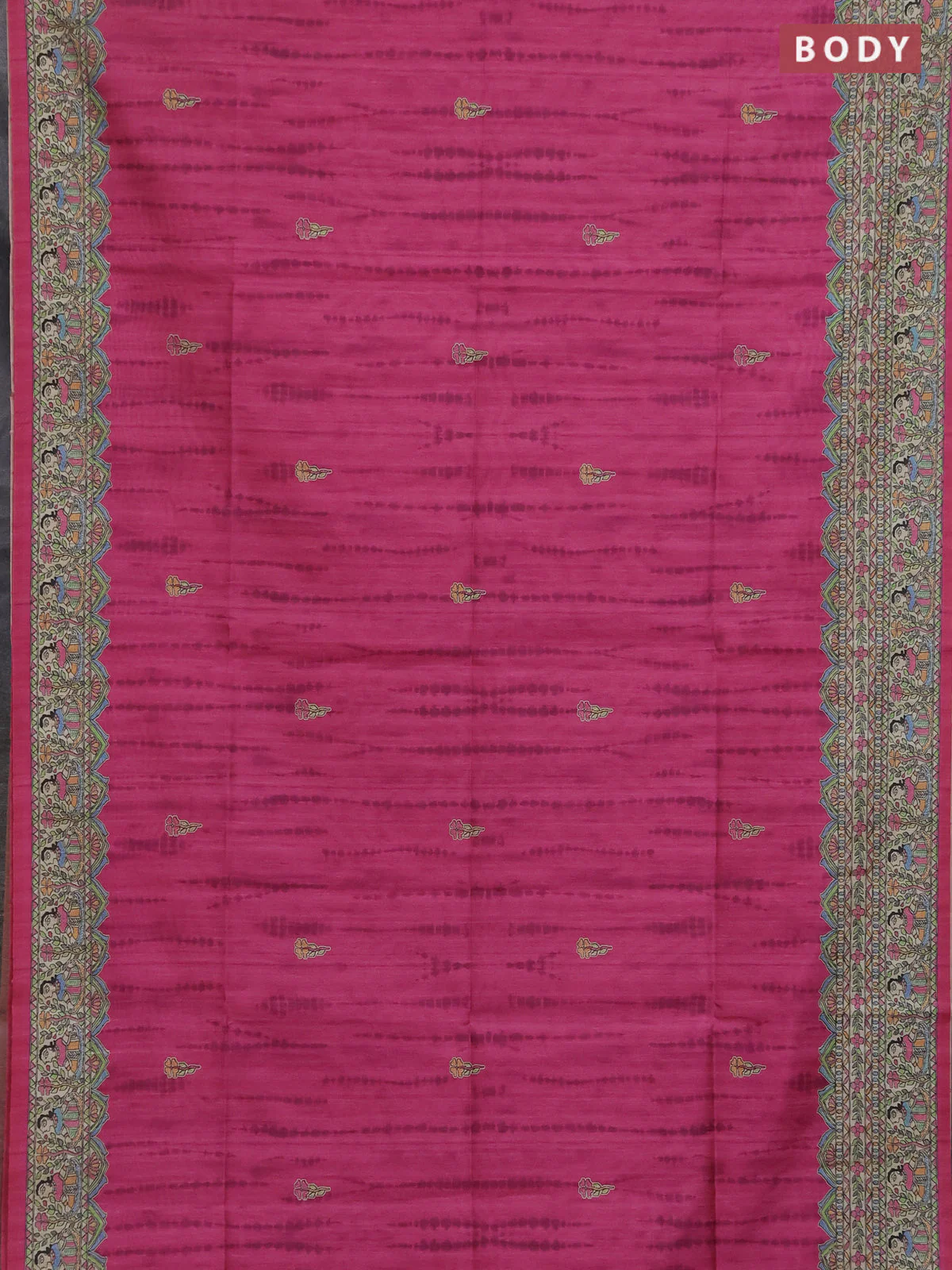 Semi tussar saree magenta pink and beige with butta prints and madhubani printed pallu & border - Image 2