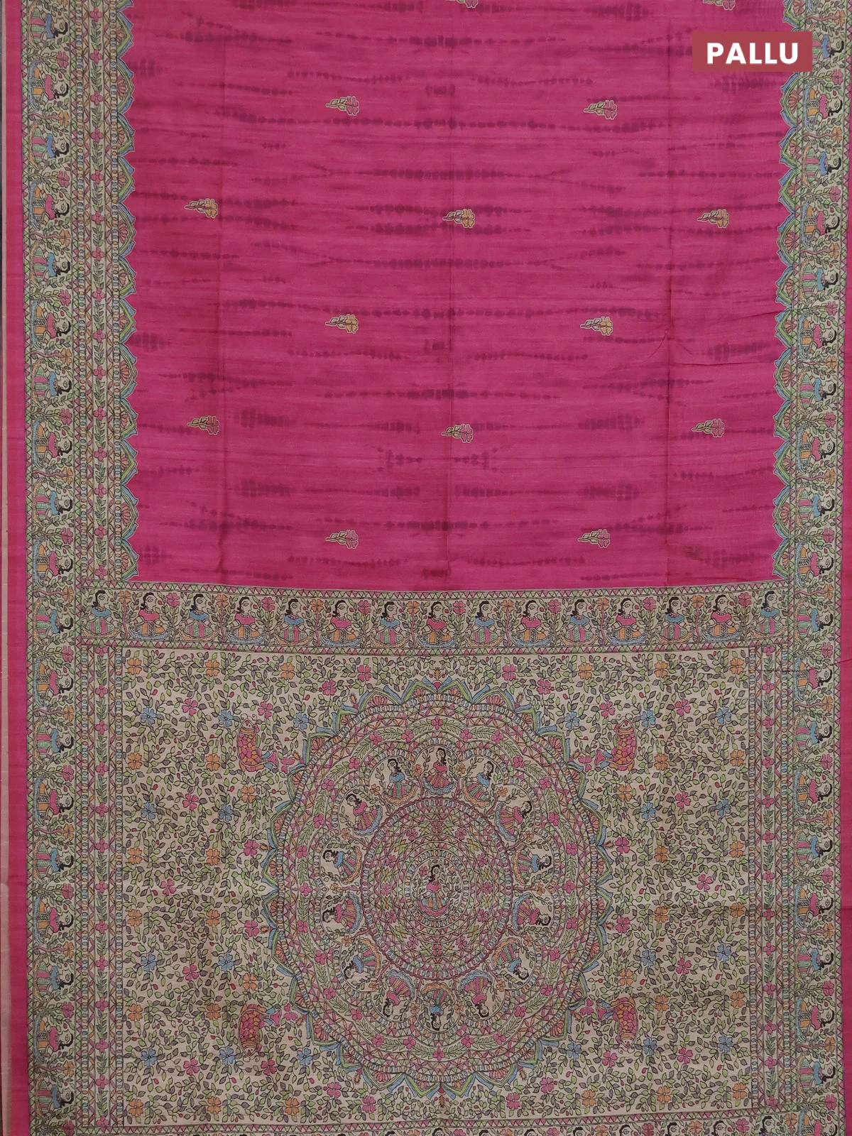Semi tussar saree magenta pink and beige with butta prints and madhubani printed pallu & border - Image 3
