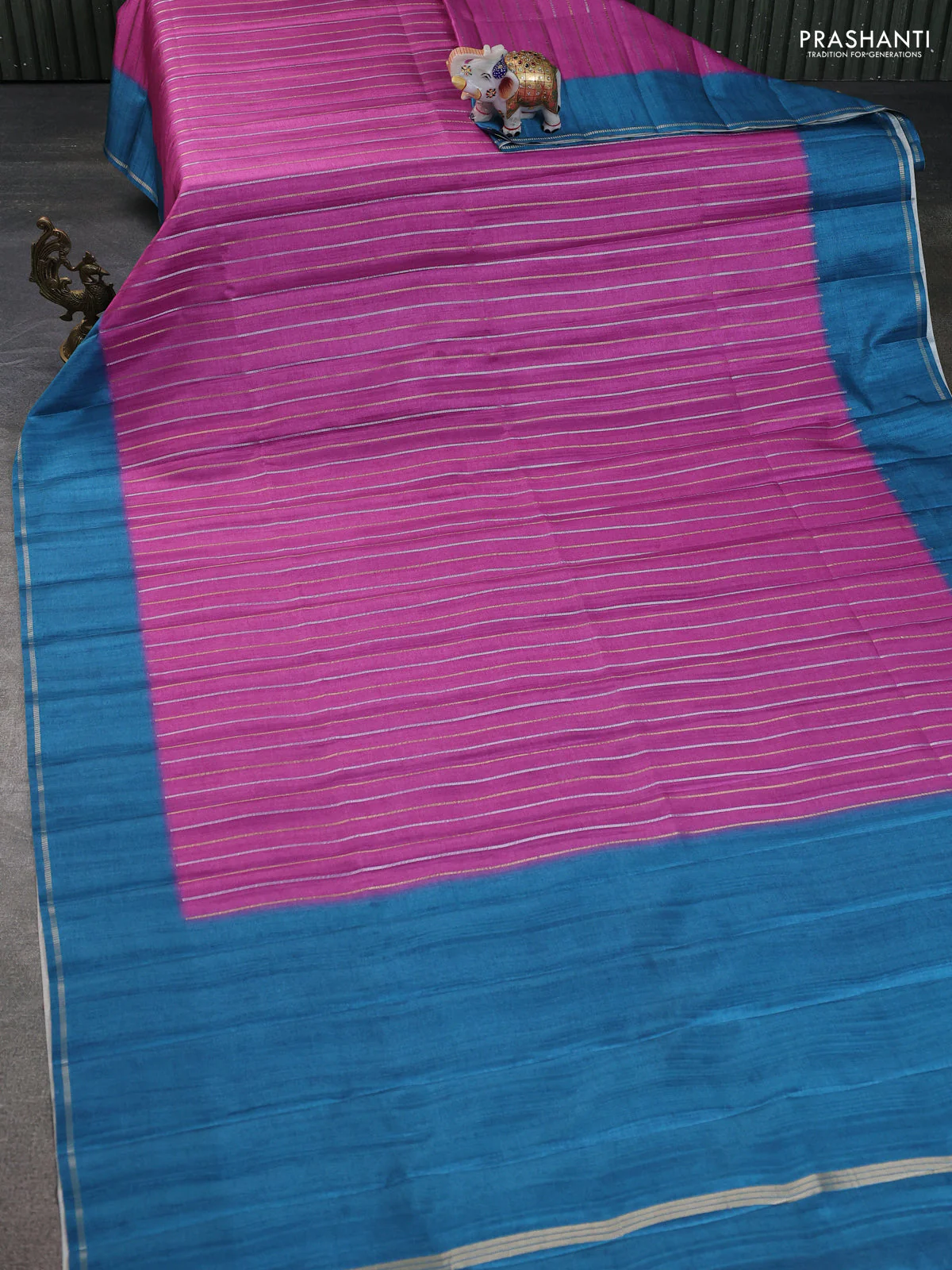 Semi tussar saree magenta pink and blue with allover silver & gold zari weaves and simple zari border - Image 2