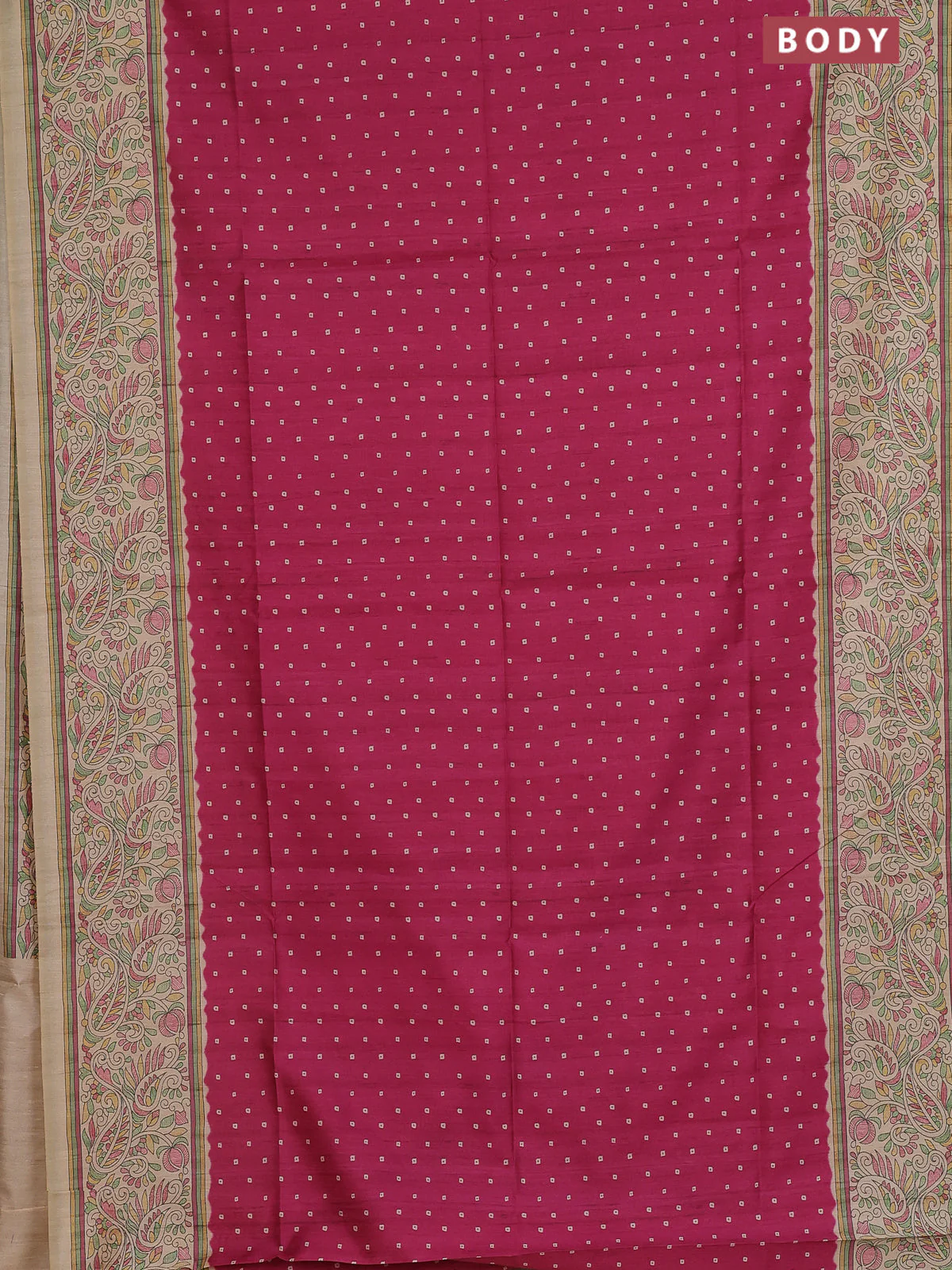 Semi tussar saree magenta pink and cream with allover bandhani prints and madhubani printed pallu & border - Image 2