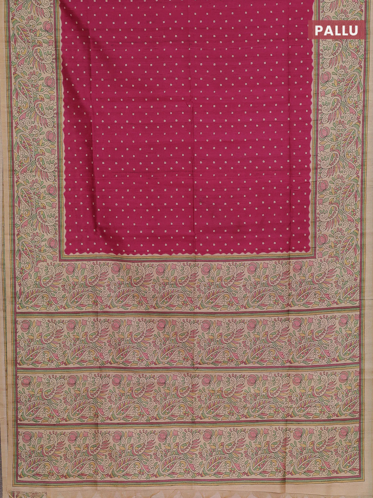 Semi tussar saree magenta pink and cream with allover bandhani prints and madhubani printed pallu & border - Image 3