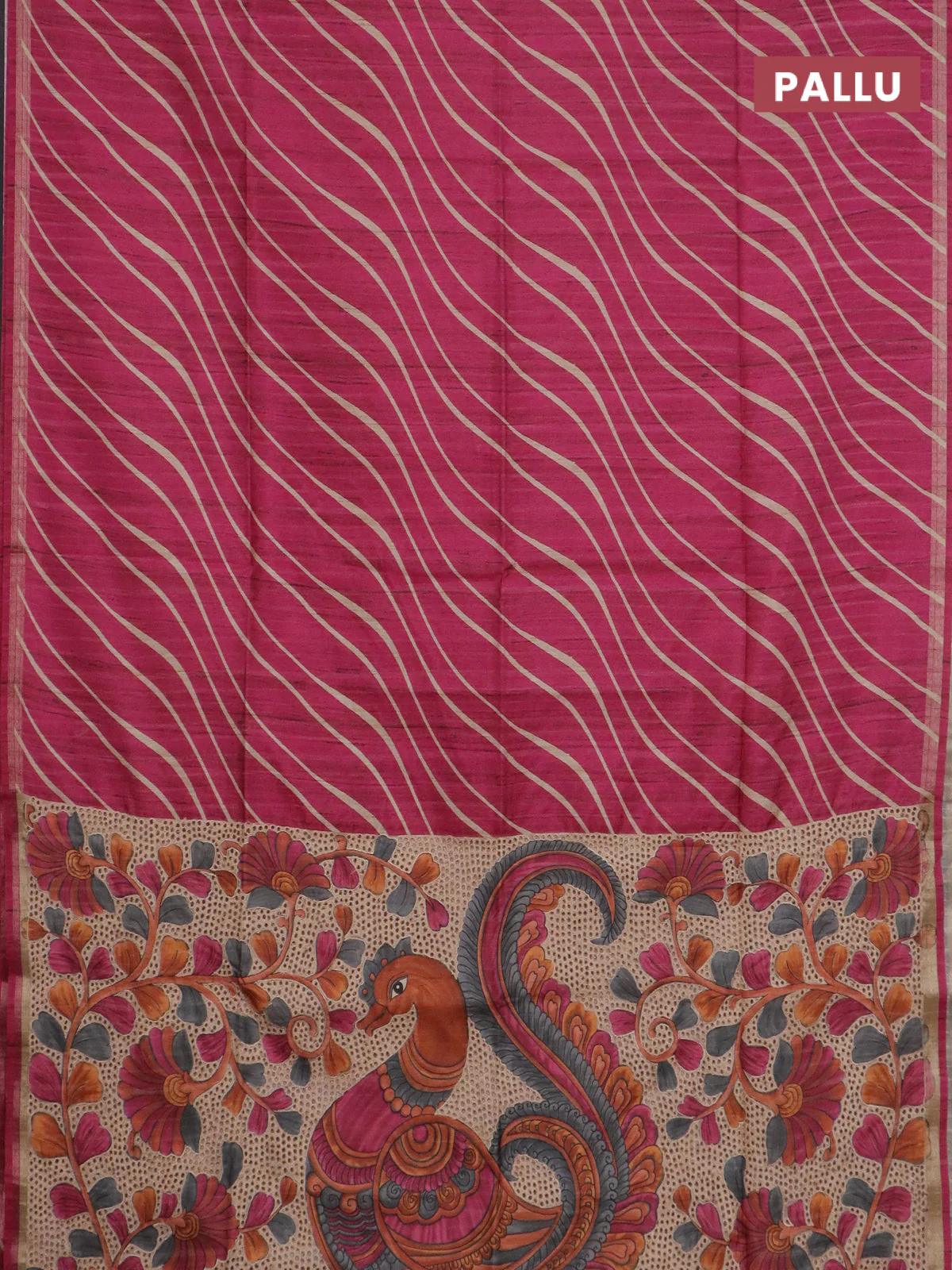 Semi tussar saree magenta pink with leheriya prints and kalamkari prints & cut work pallu - Image 3