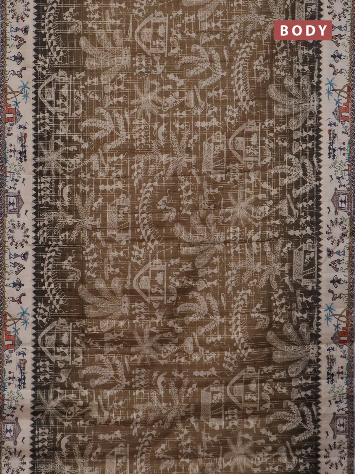 Semi tussar saree mahendi green and cream with allover zari checks & warli prints  and printed border - Image 2