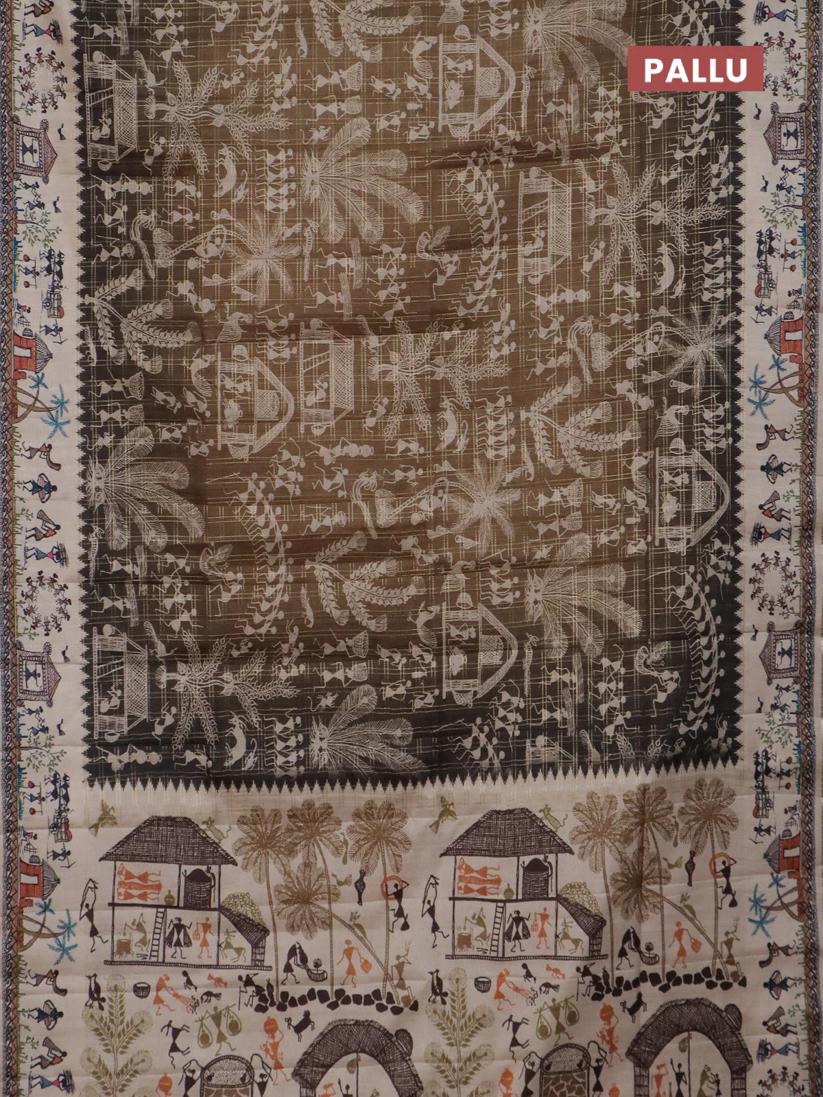 Semi tussar saree mahendi green and cream with allover zari checks & warli prints  and printed border - Image 3