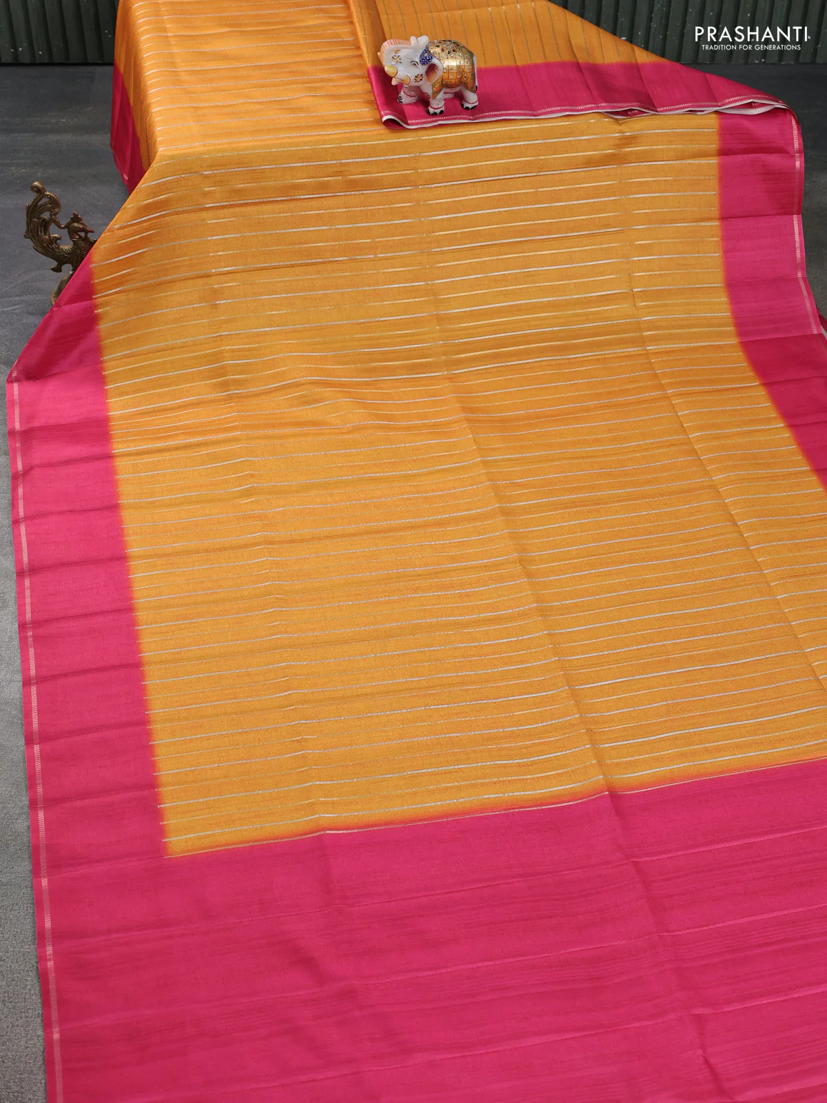 Semi tussar saree mango yellow and pink with allover silver & gold zari weaves and simple zari border - Image 2