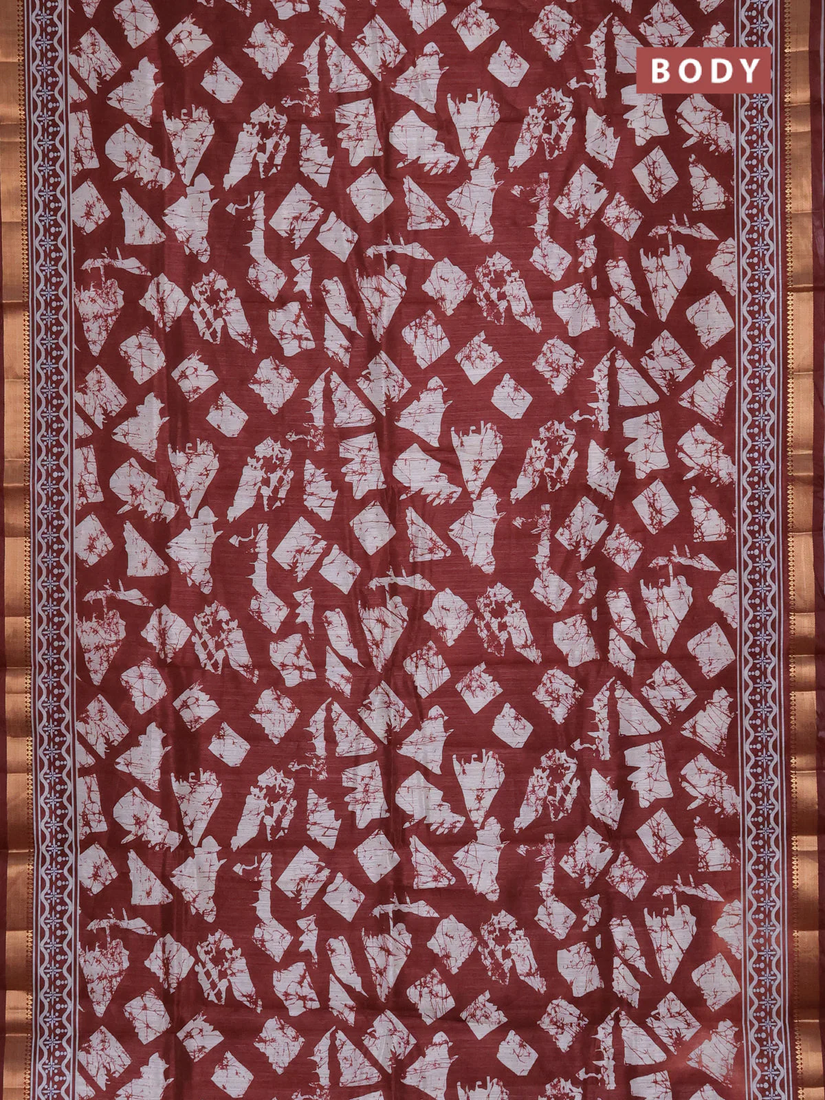 Semi tussar saree maroon and beige with allover geometric prints and zari woven border - Image 2