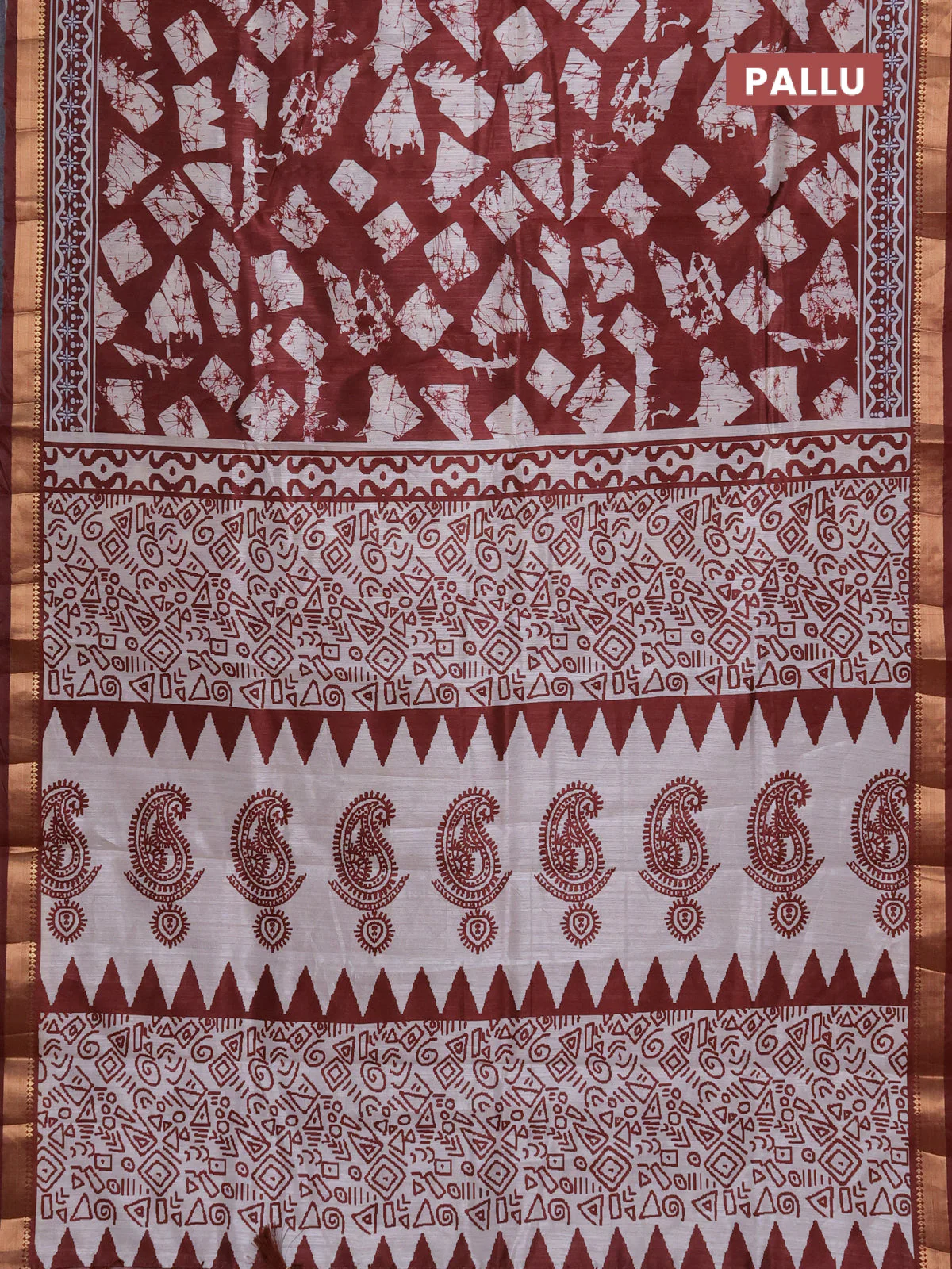 Semi tussar saree maroon and beige with allover geometric prints and zari woven border - Image 3