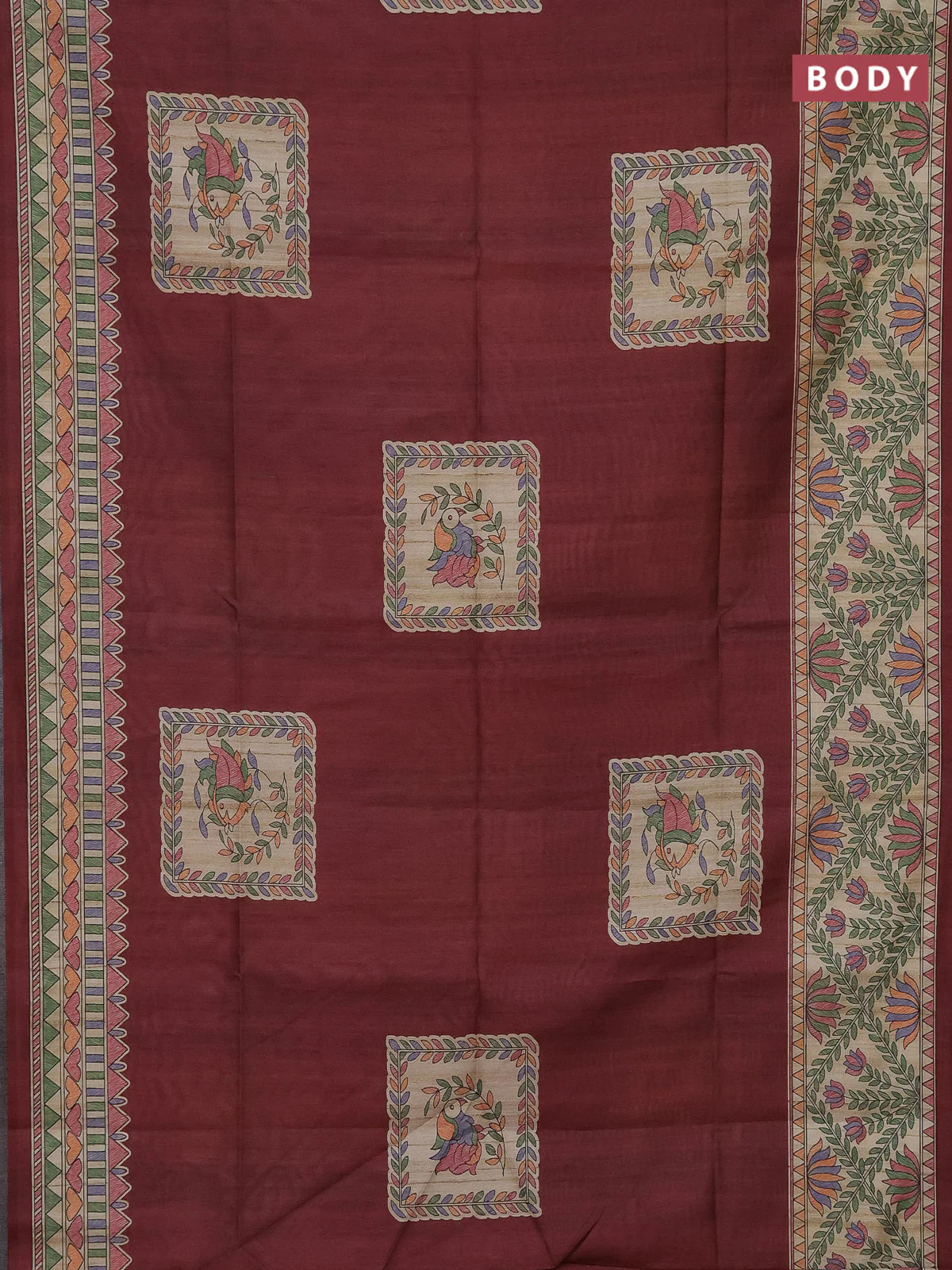 Semi tussar saree maroon and beige with madhubani prints and printed border - Image 2
