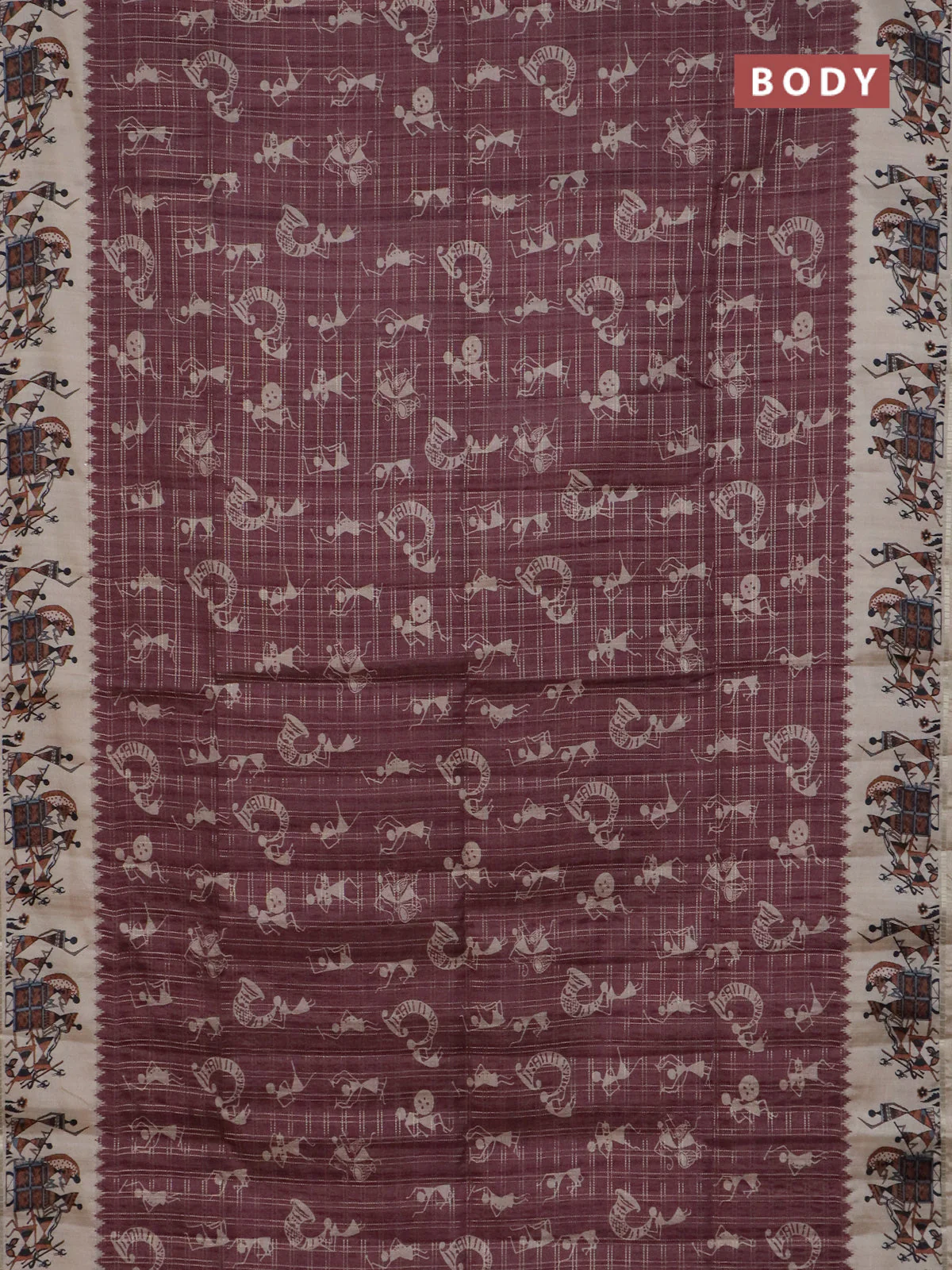 Semi tussar saree maroon and cream with allover kalamkari prints and zari woven border - Image 2