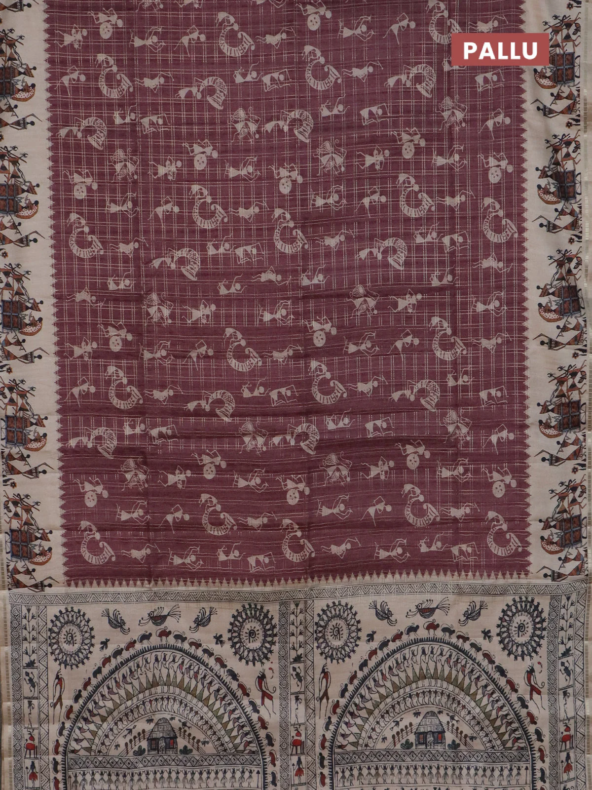 Semi tussar saree maroon and cream with allover kalamkari prints and zari woven border - Image 3