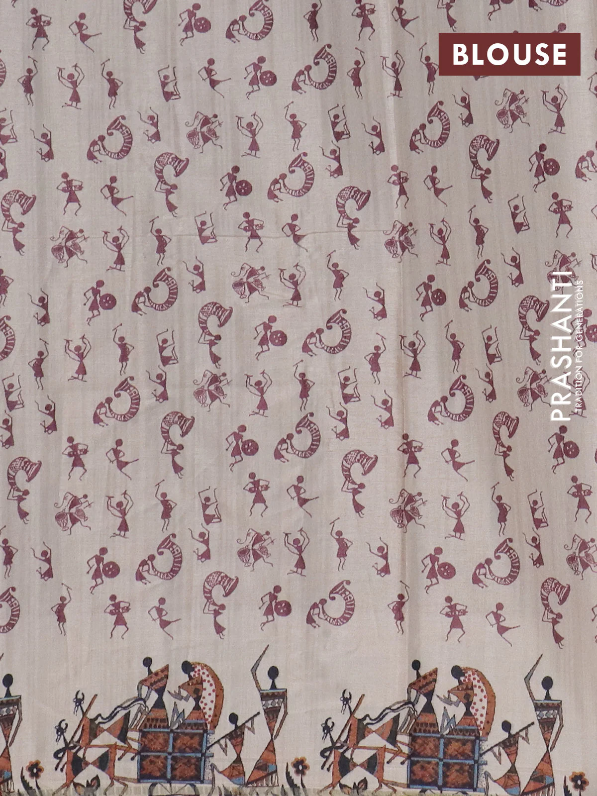 Semi tussar saree maroon and cream with allover kalamkari prints and zari woven border - Image 4