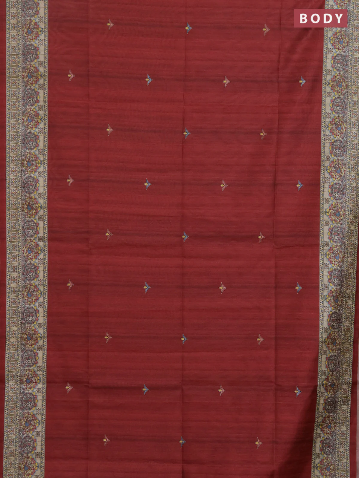 Semi tussar saree maroon and cream with butta prints and madhubani printed pallu & border - Image 2
