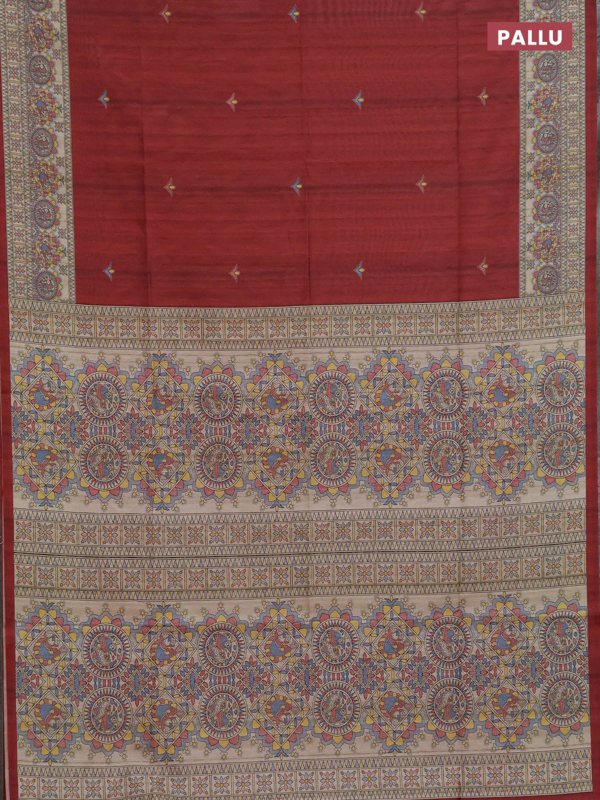 Semi tussar saree maroon and cream with butta prints and madhubani printed pallu & border - Image 3