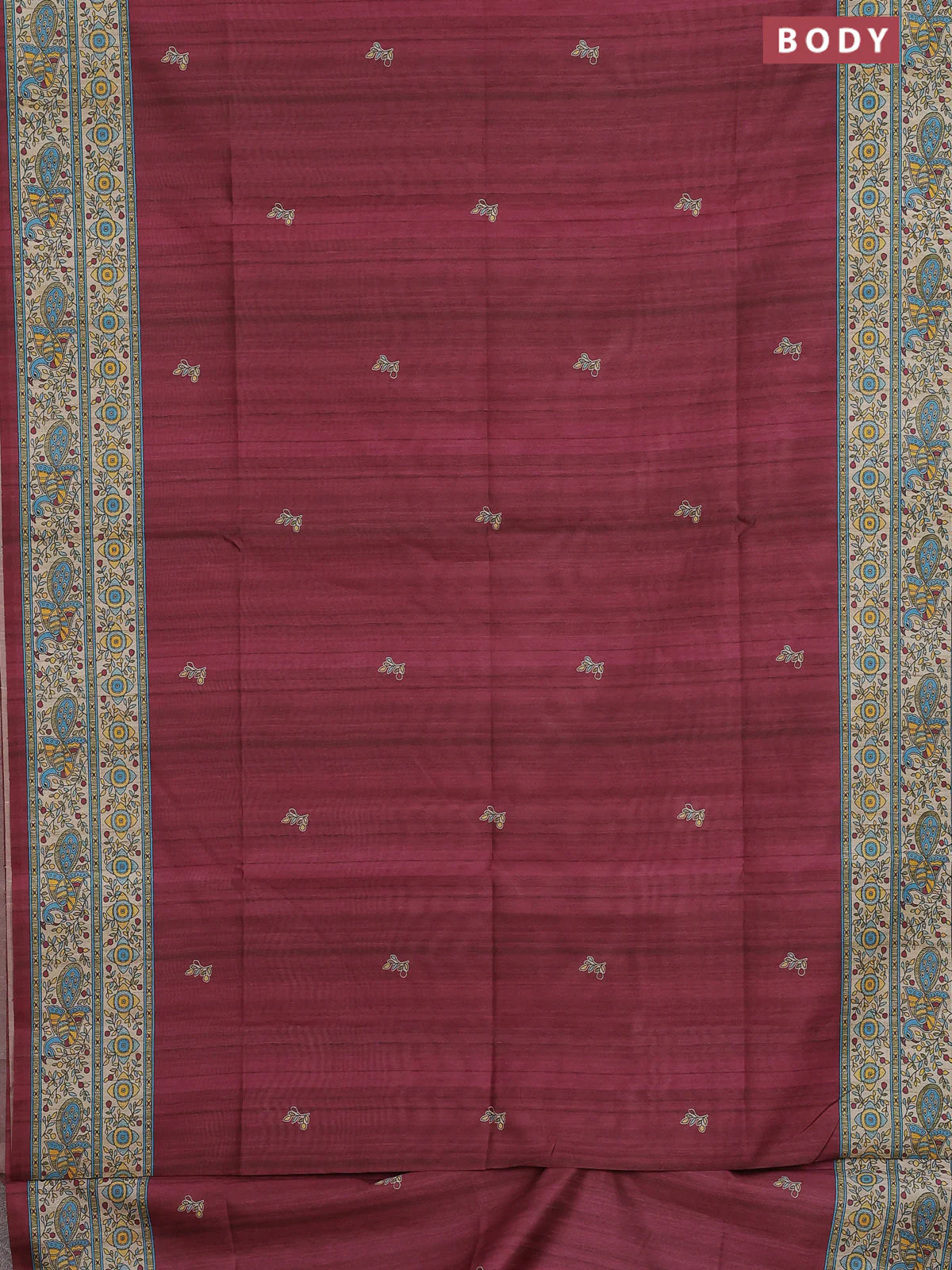 Semi tussar saree maroon and cream with butta prints and madhubani printed pallu & border - Image 2
