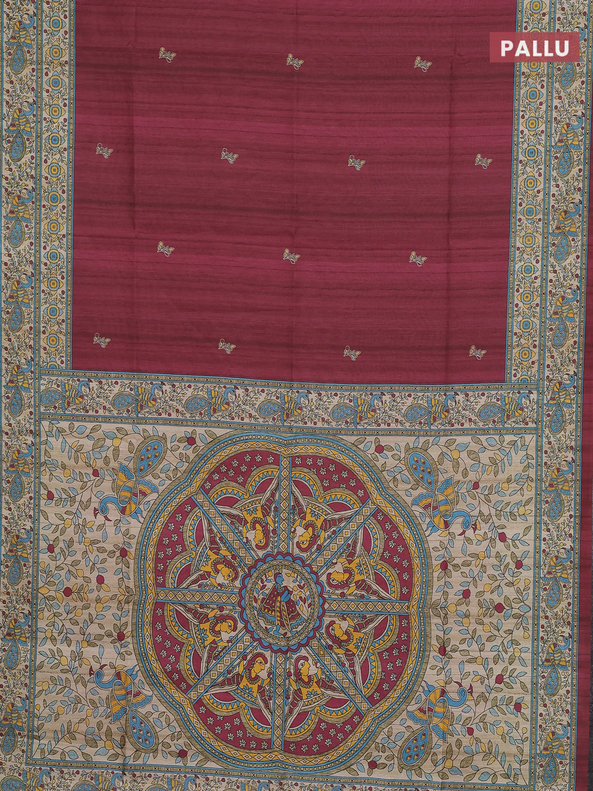 Semi tussar saree maroon and cream with butta prints and madhubani printed pallu & border - Image 3