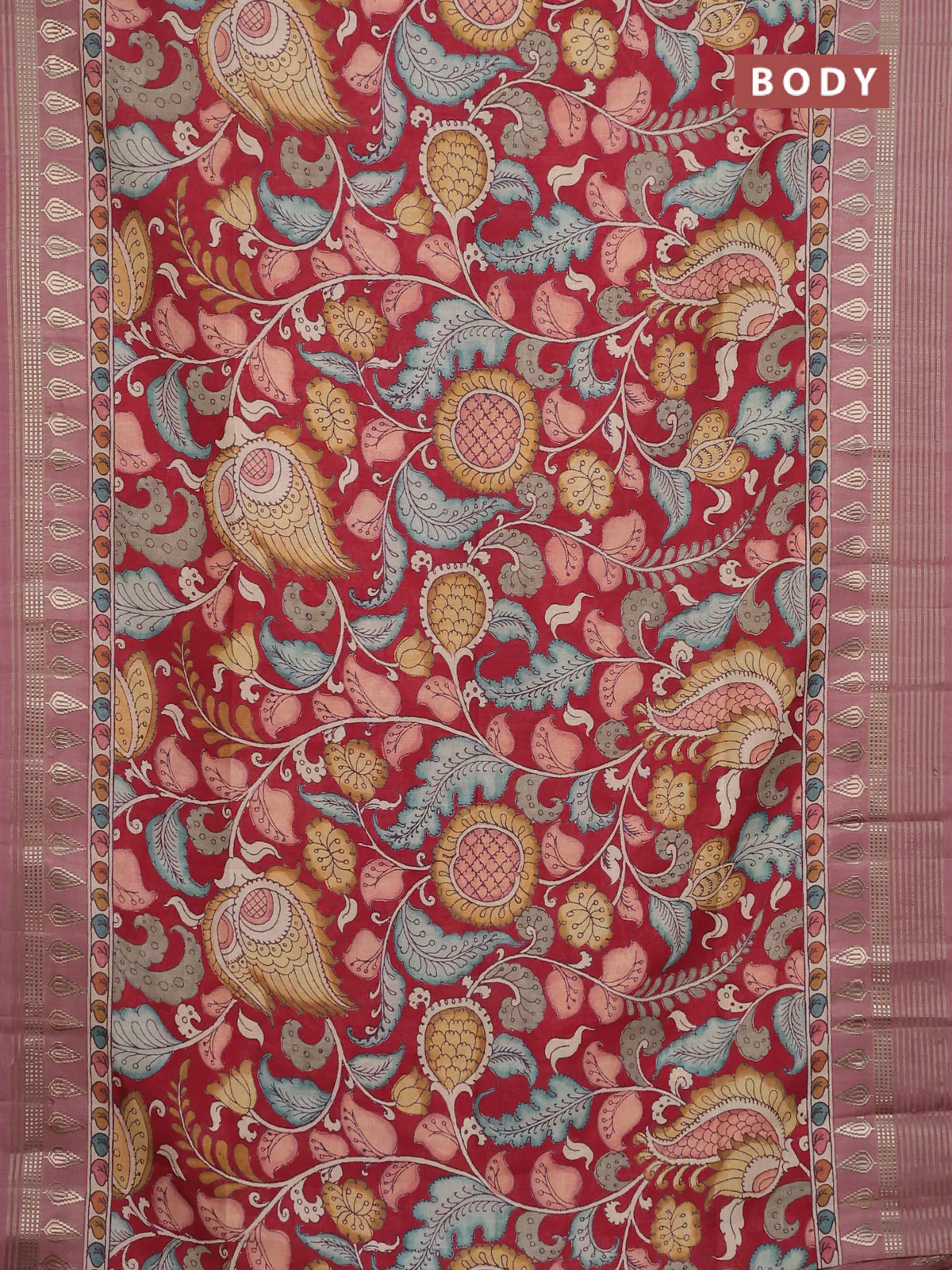 Semi tussar saree maroon and mauve pink with allover kalamkari prints and zari woven border - Image 2