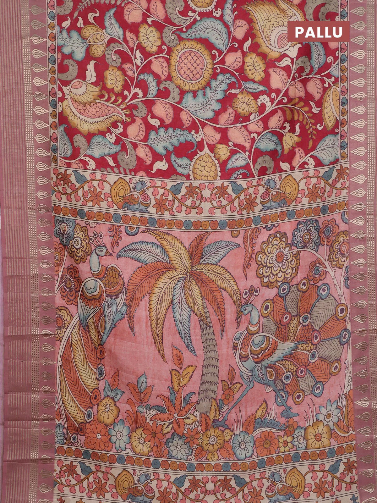 Semi tussar saree maroon and mauve pink with allover kalamkari prints and zari woven border - Image 3