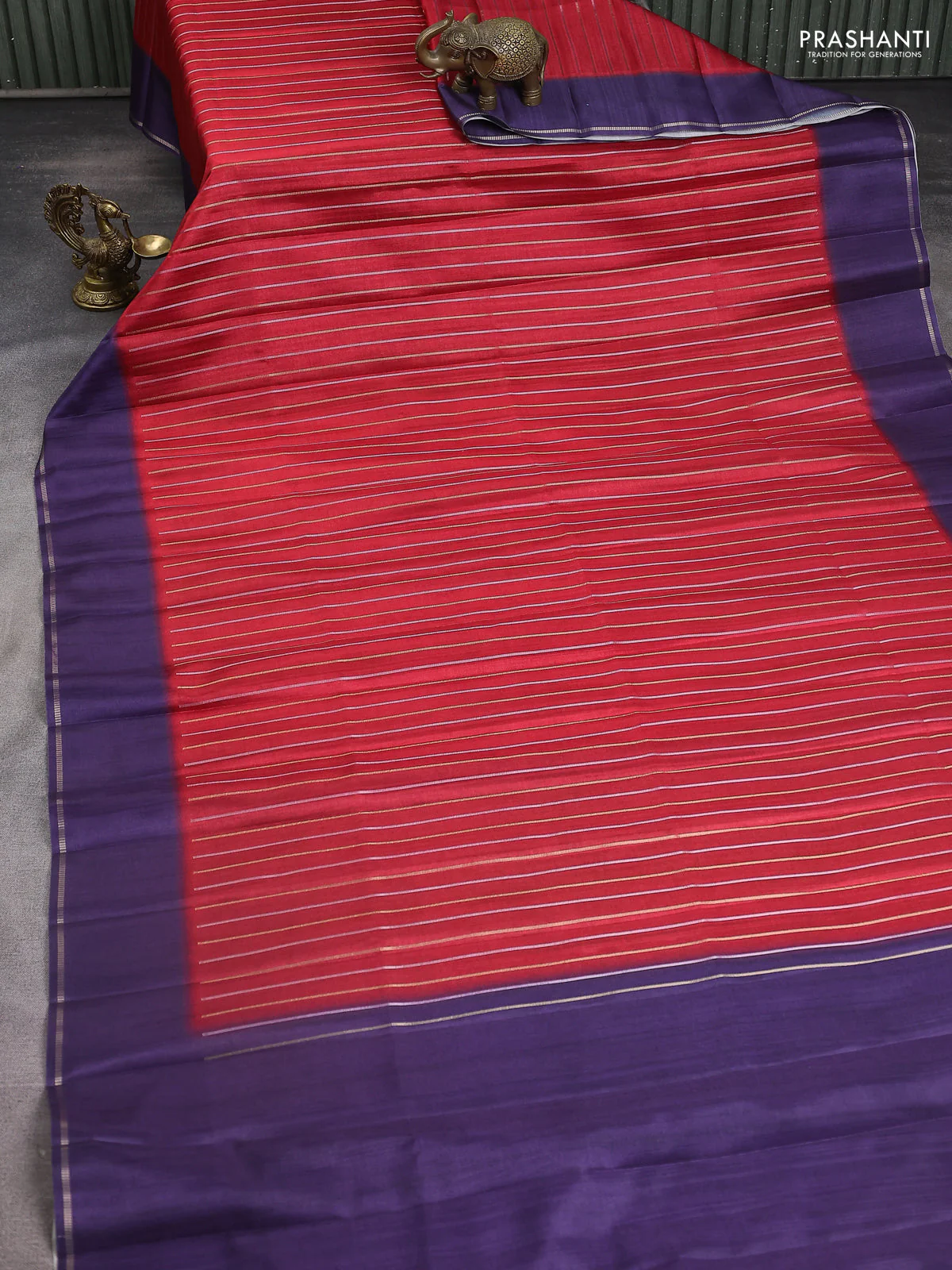 Semi tussar saree maroon and navy blue with allover silver & gold zari weaves and simple zari border - Image 2