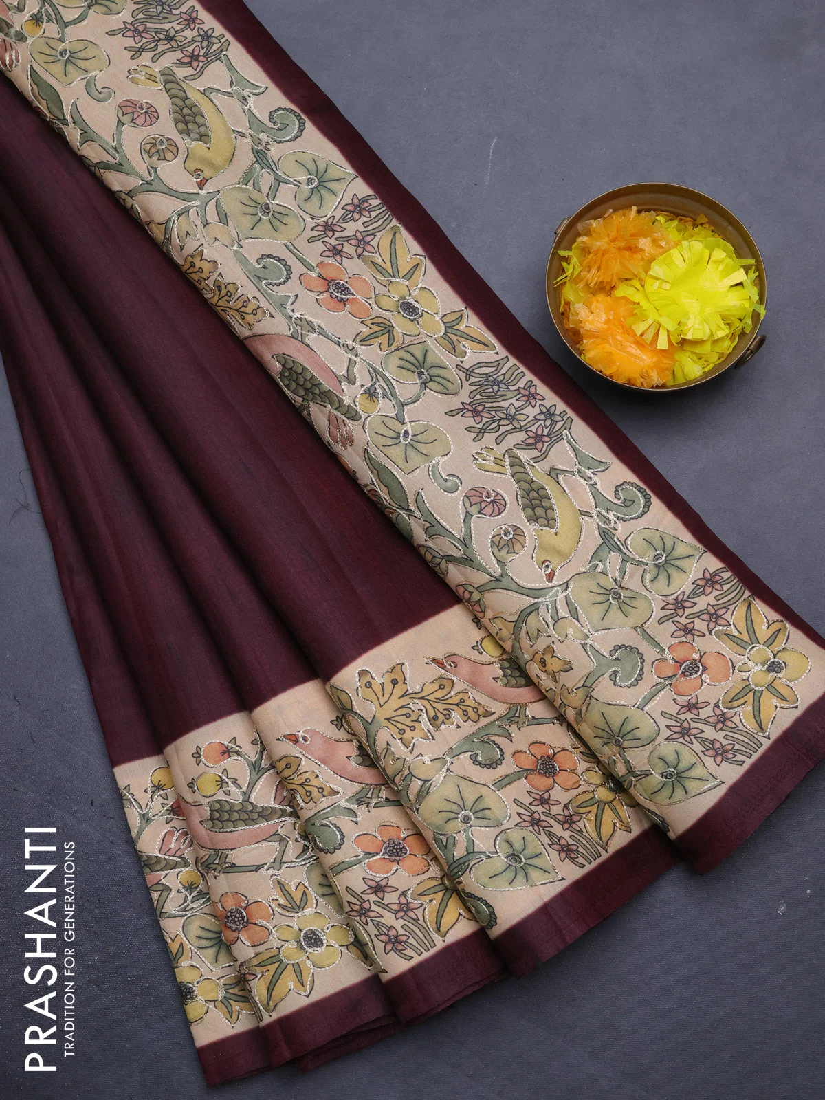 Semi tussar saree maroon and sandal with plain body and printed embroidery work border - Image 2