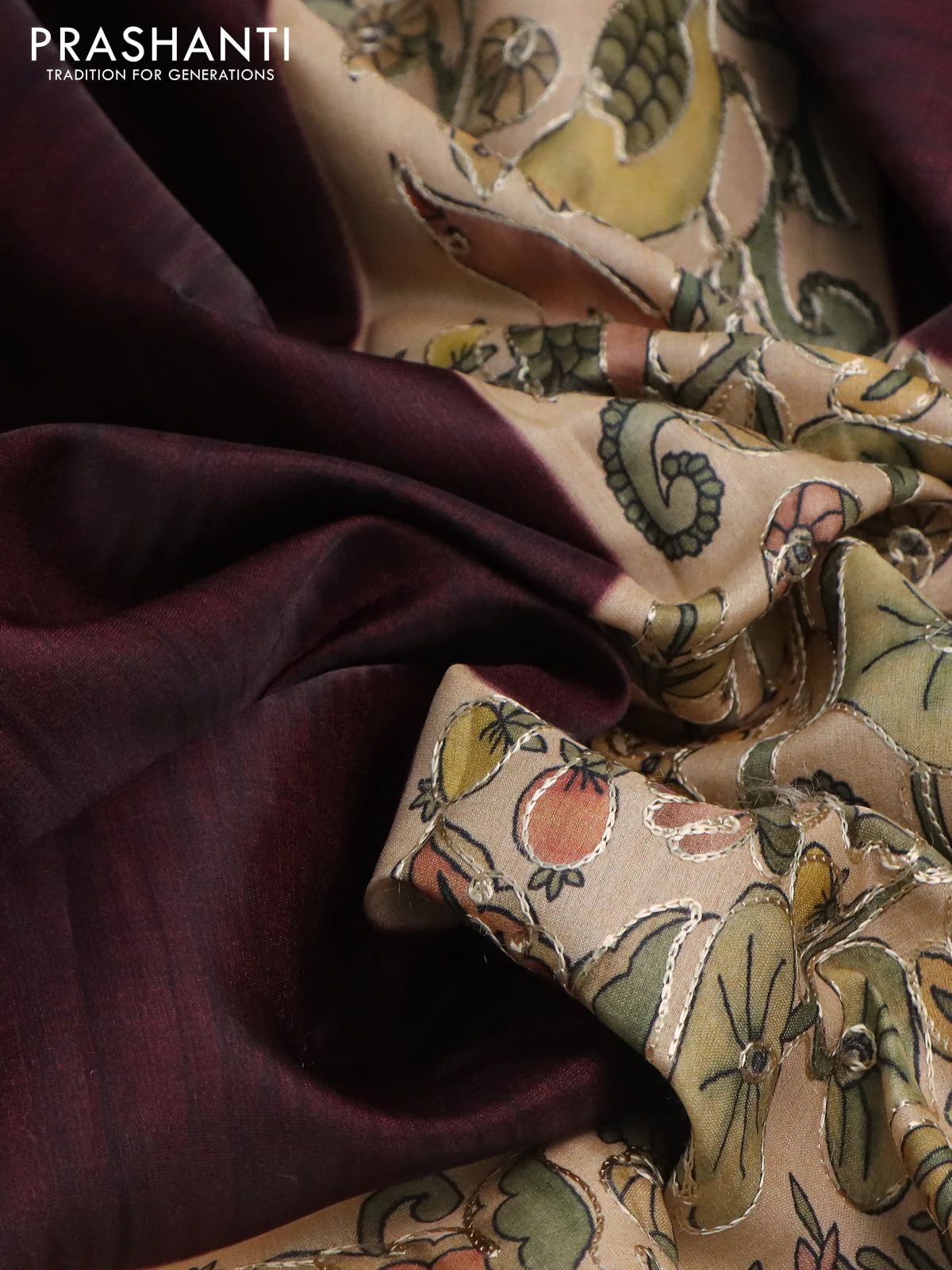 Semi tussar saree maroon and sandal with plain body and printed embroidery work border - Image 3