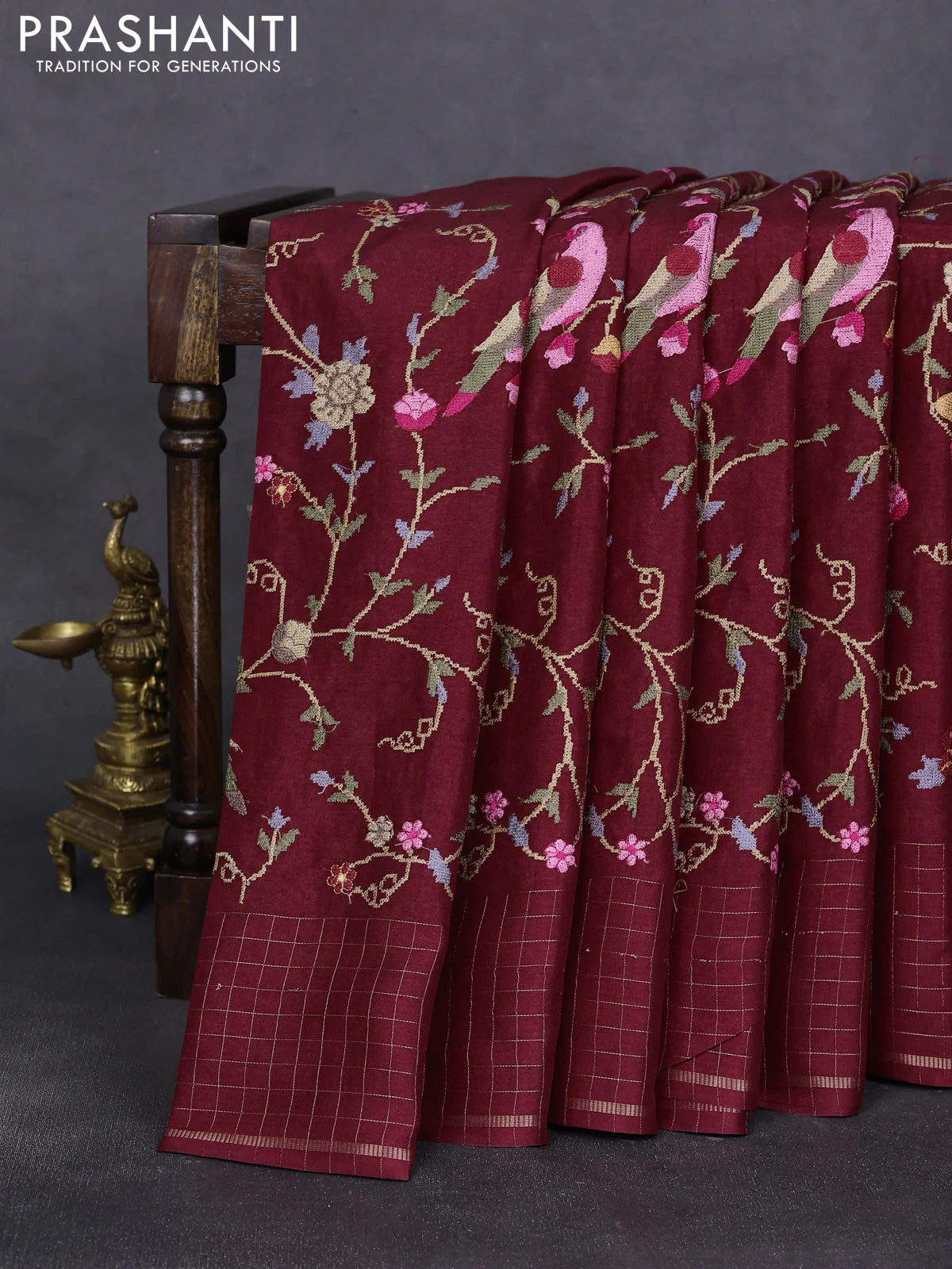 Semi tussar saree maroon with allover embroidery design and zari woven border - Image 2