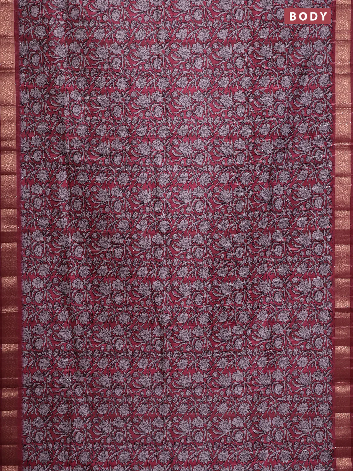 Semi tussar saree maroon with allover kalamkari prints & sequin work and zari woven border - Image 2