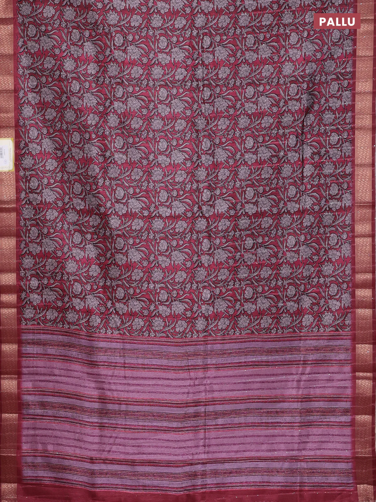 Semi tussar saree maroon with allover kalamkari prints & sequin work and zari woven border - Image 3