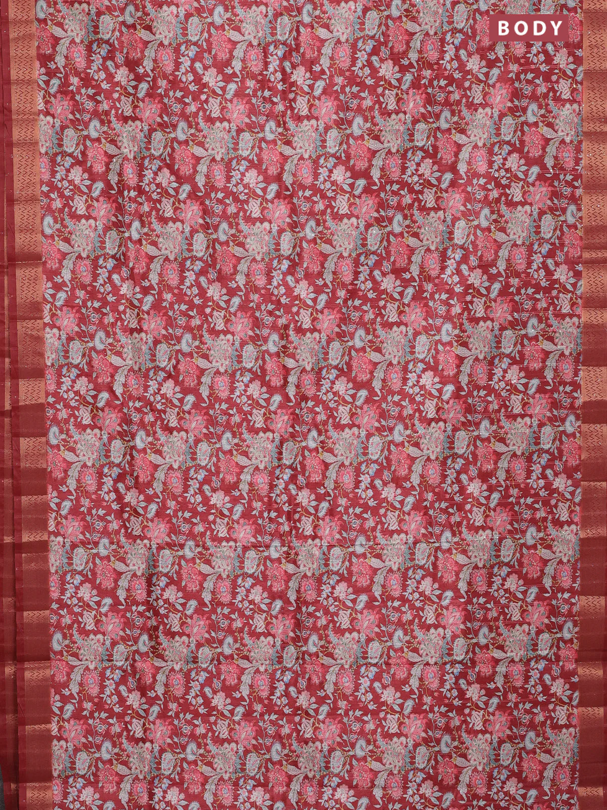 Semi tussar saree maroon with allover kalamkari prints & sequin work and zari woven border - Image 2