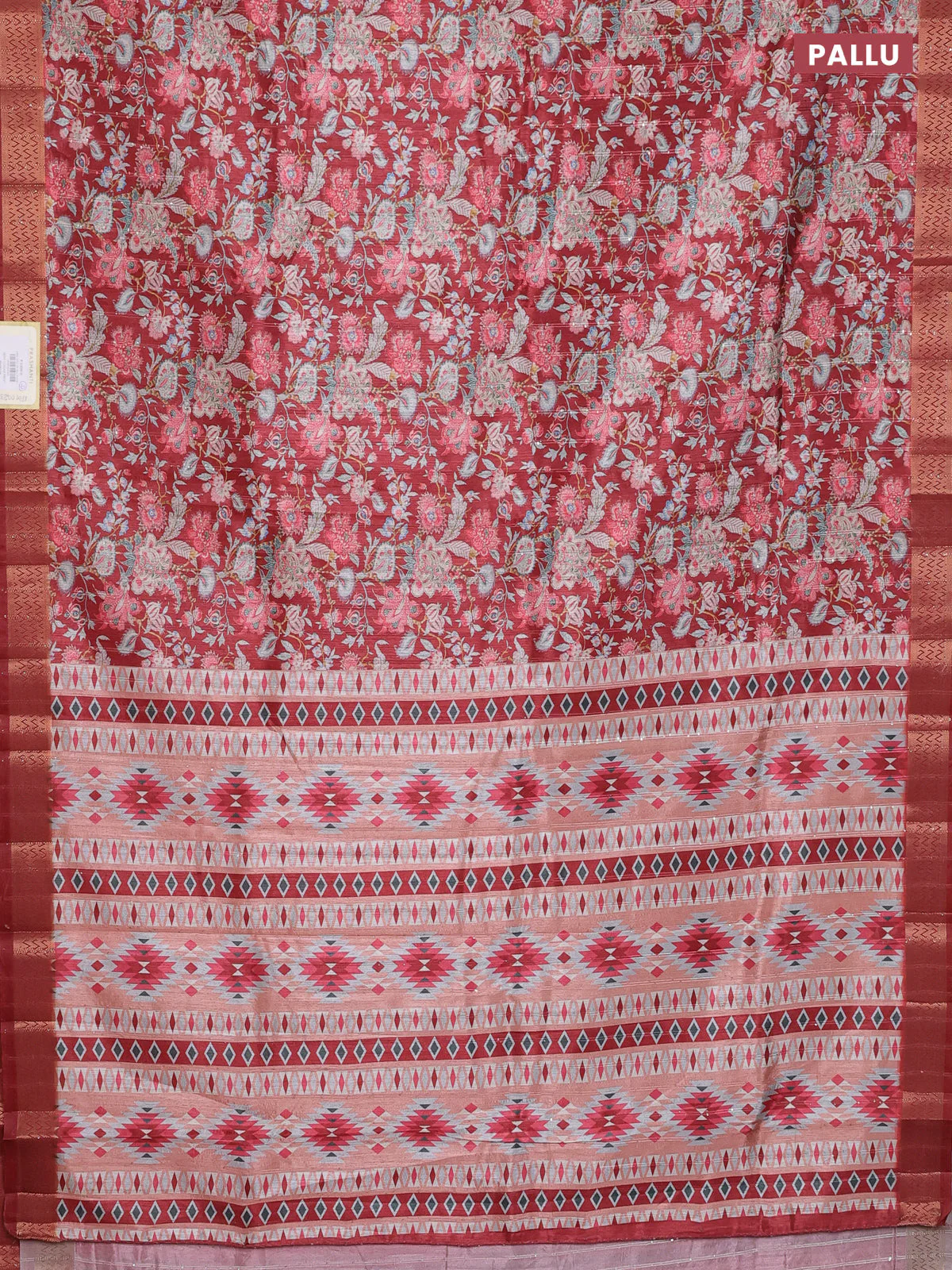 Semi tussar saree maroon with allover kalamkari prints & sequin work and zari woven border - Image 3