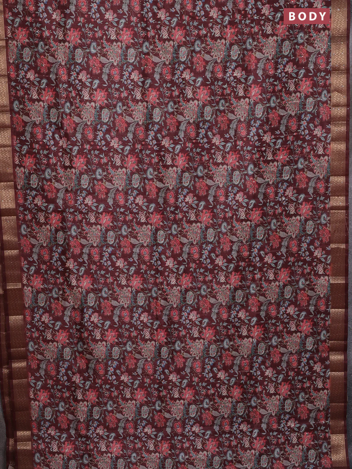 Semi tussar saree maroon with allover kalamkari prints & sequin work and zari woven border - Image 2