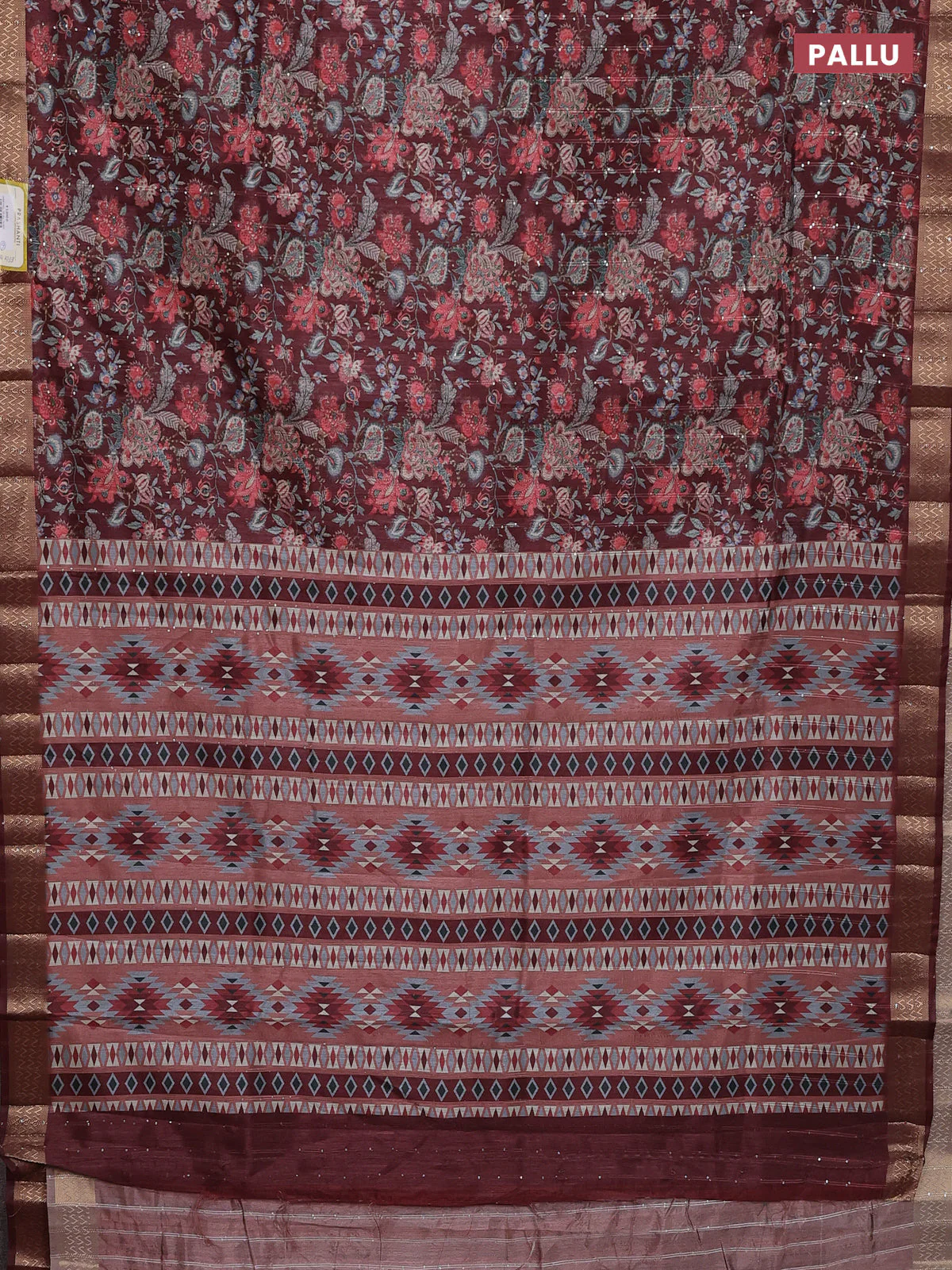 Semi tussar saree maroon with allover kalamkari prints & sequin work and zari woven border - Image 3