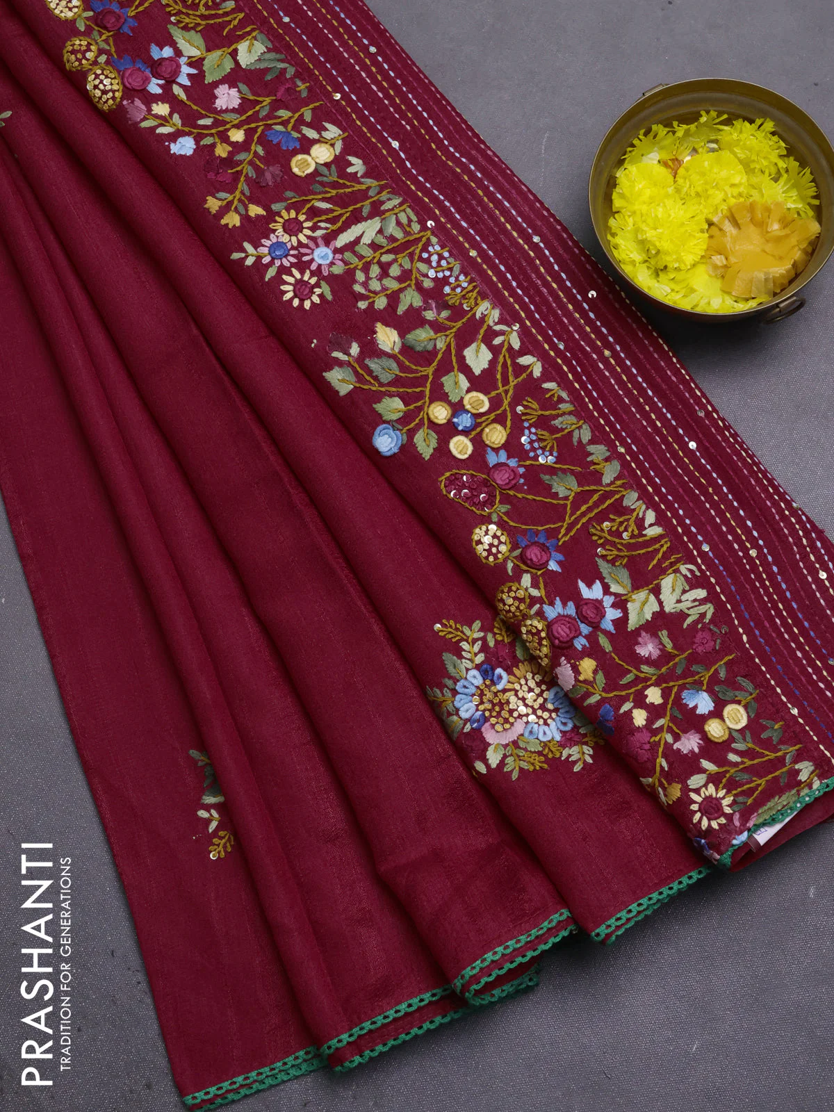 Semi tussar saree maroon with embroided buttas and embroidery pallu