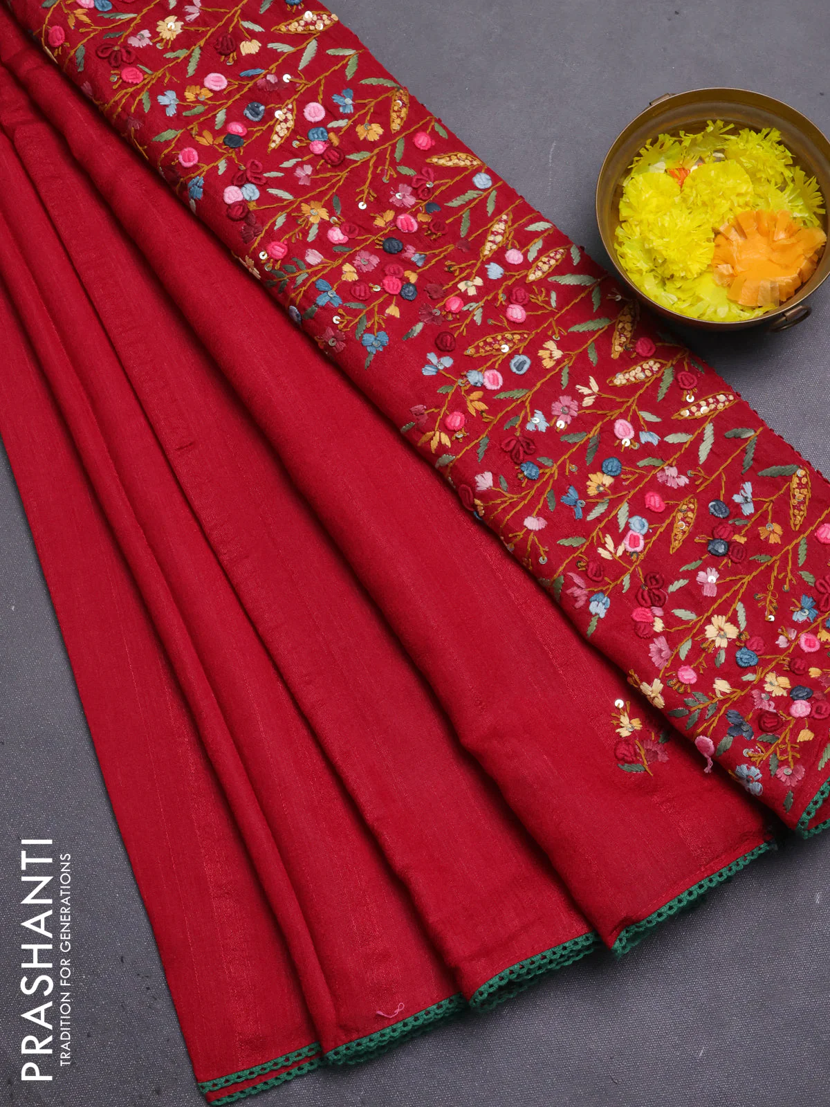 Semi tussar saree maroon with embroided buttas and embroidery pallu