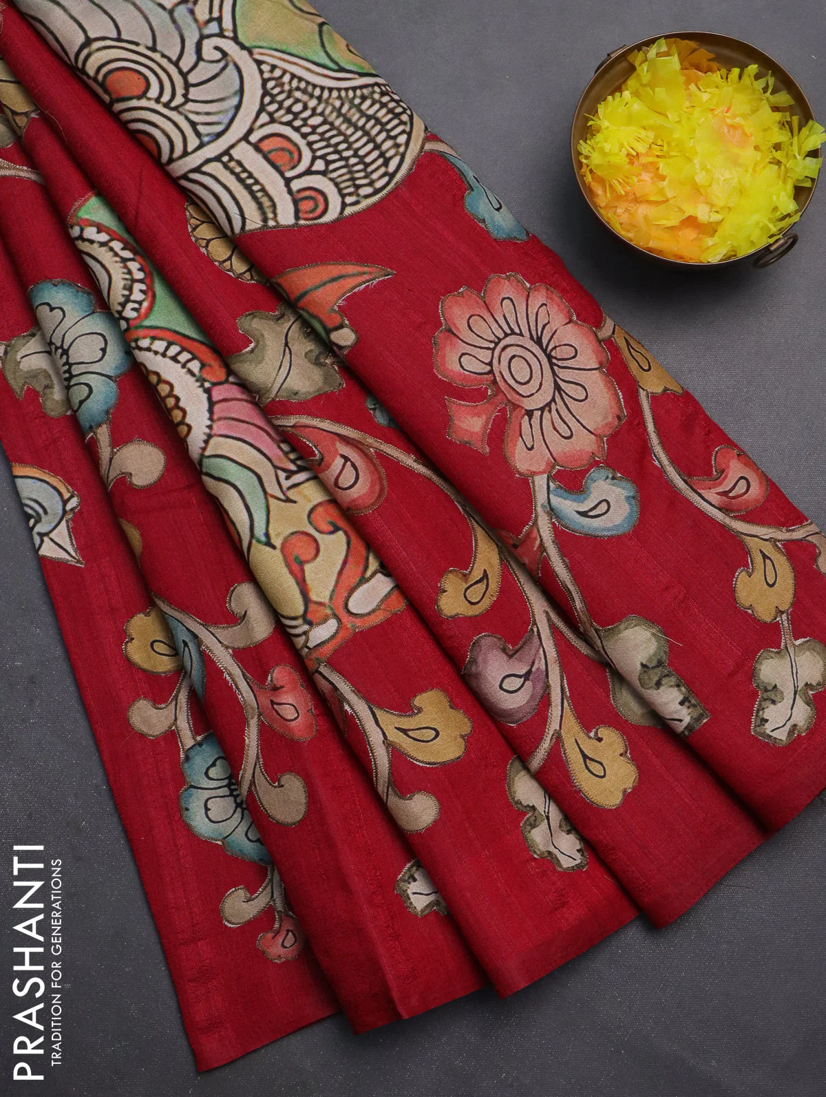 Semi tussar saree maroon with kalamkari applique work - Image 2