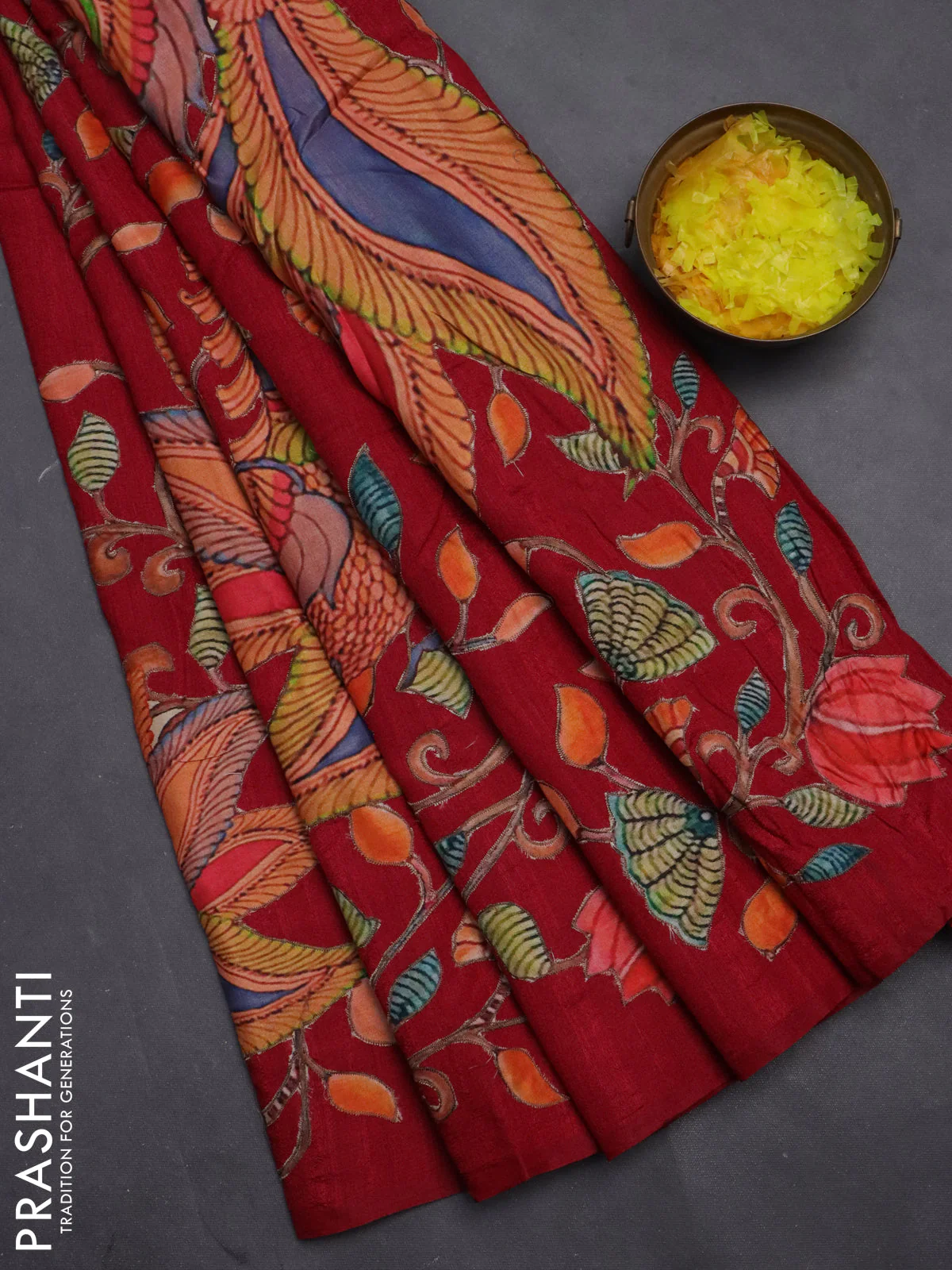Semi tussar saree maroon with kalamkari applique work - Image 2