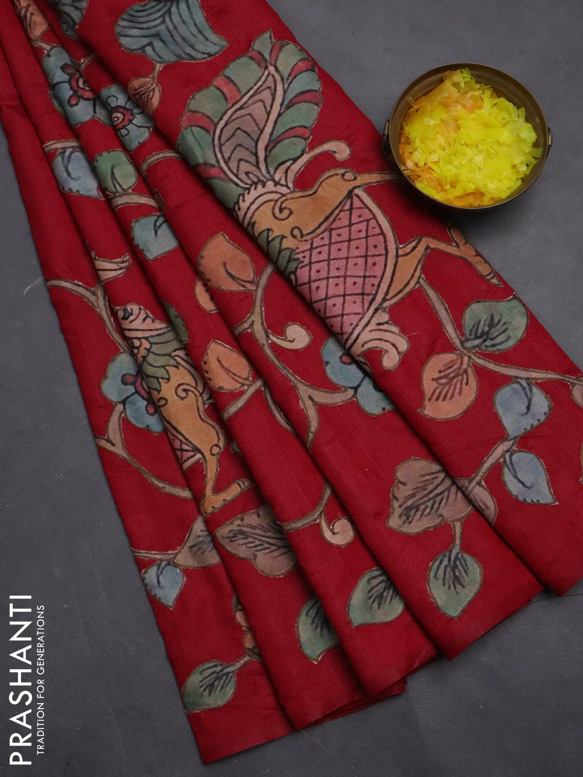 Semi tussar saree maroon with kalamkari applique work - Image 2