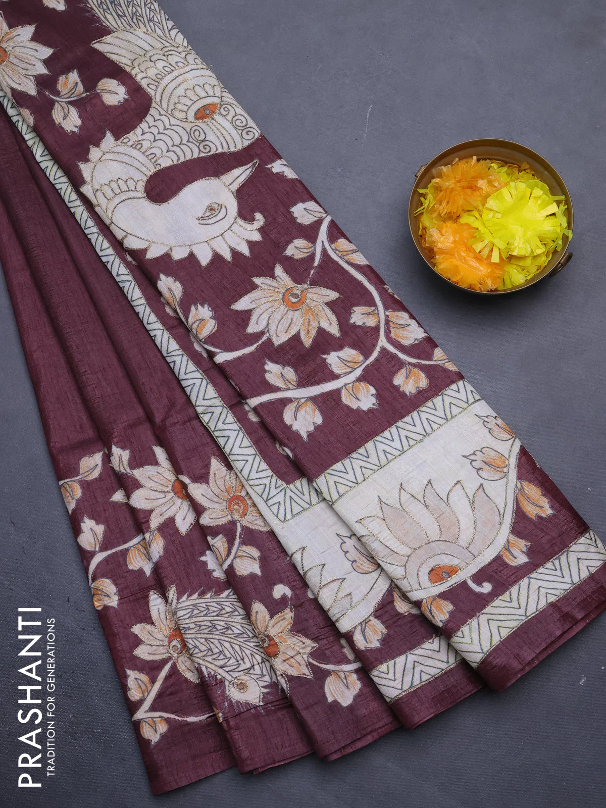 Semi tussar saree maroon with kalamkari prints & pita work in borderless style - Image 2