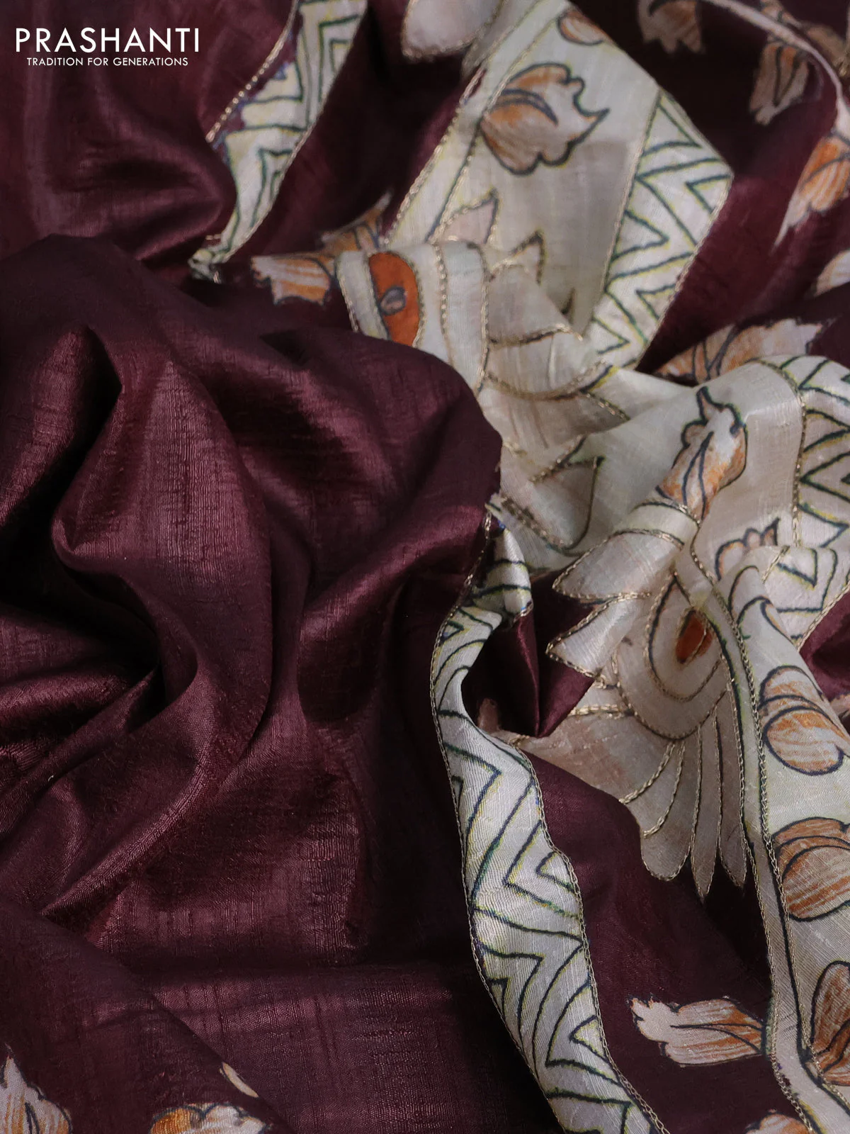 Semi tussar saree maroon with kalamkari prints & pita work in borderless style - Image 3