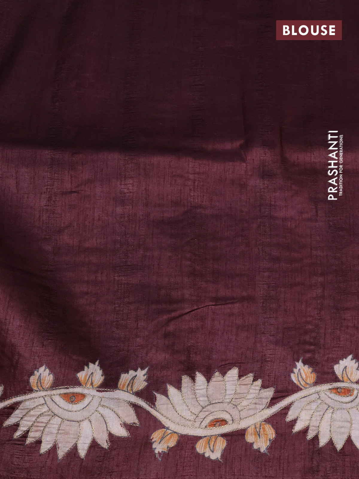 Semi tussar saree maroon with kalamkari prints & pita work in borderless style - Image 4