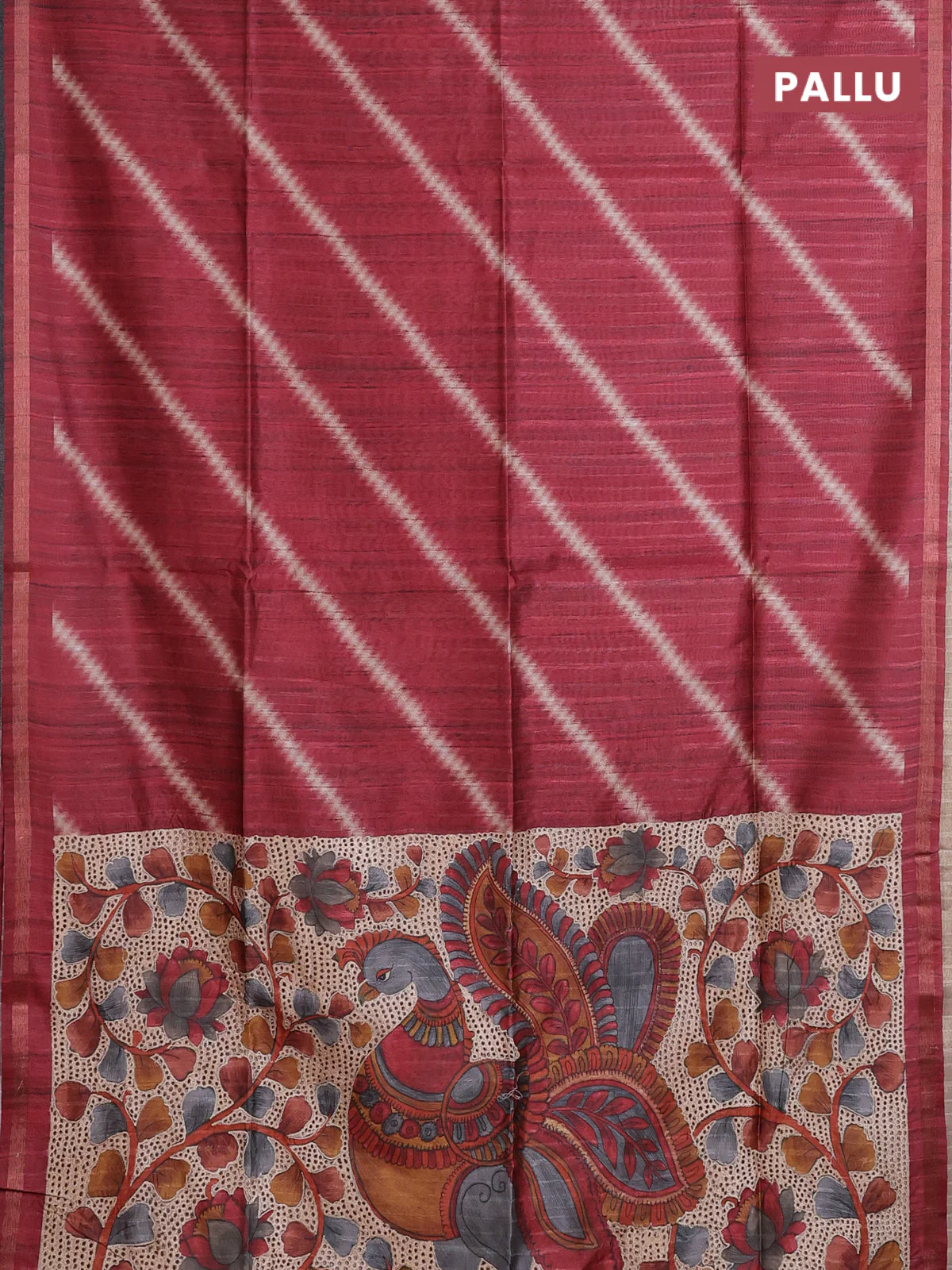 Semi tussar saree maroon with leheriya prints and kalamkari prints & cut work pallu - Image 3