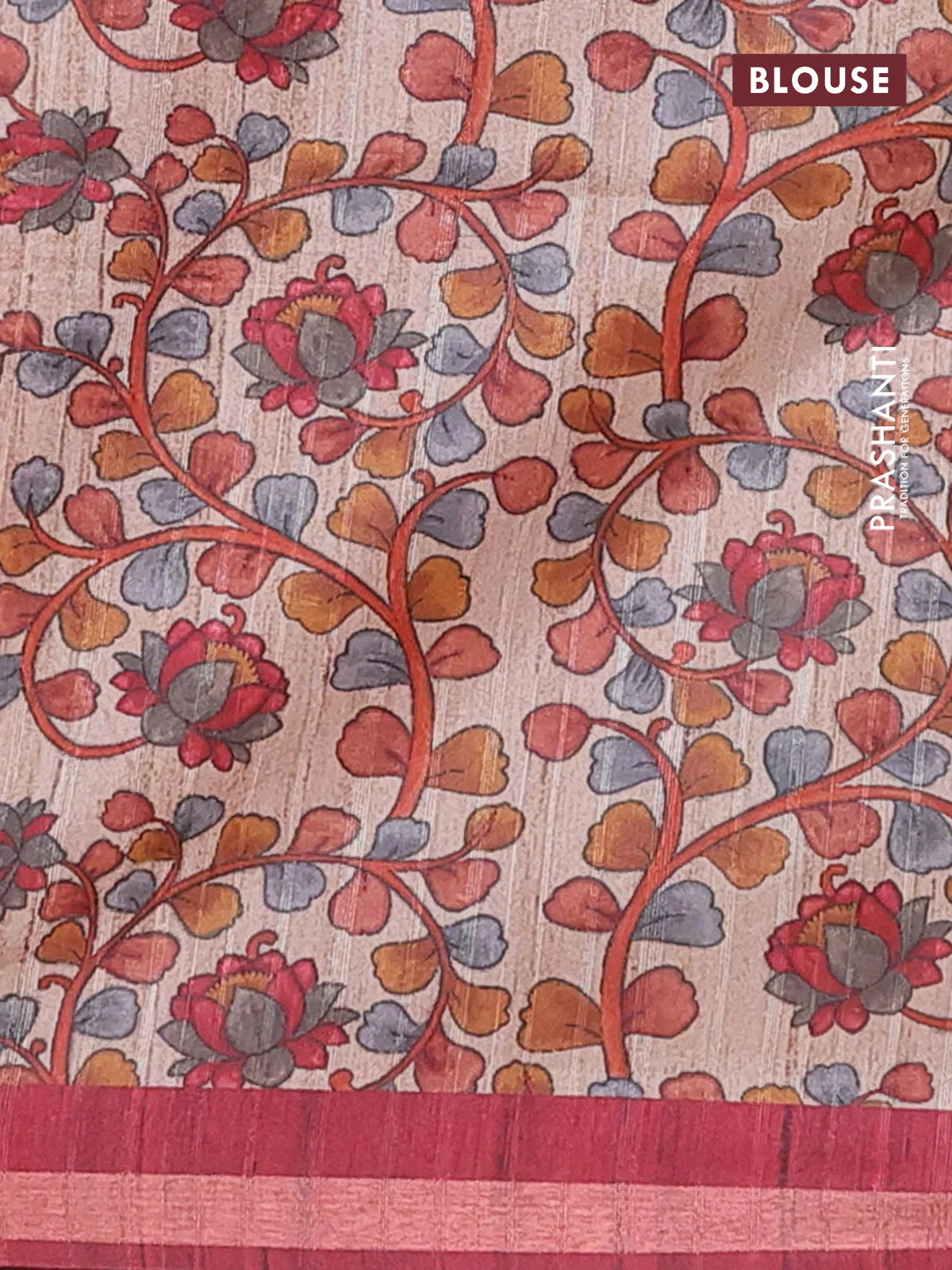 Semi tussar saree maroon with leheriya prints and kalamkari prints & cut work pallu - Image 4