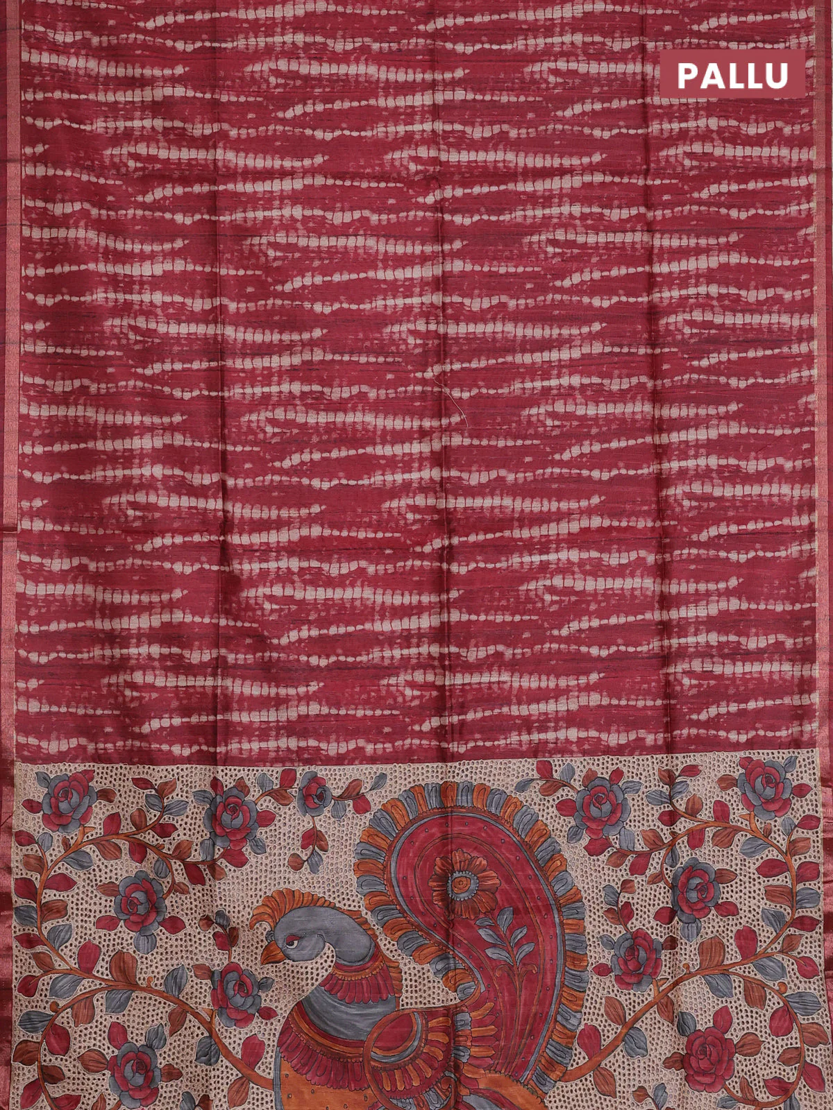 Semi tussar saree maroon with shibori prints and kalamkari prints & cut work pallu - Image 3