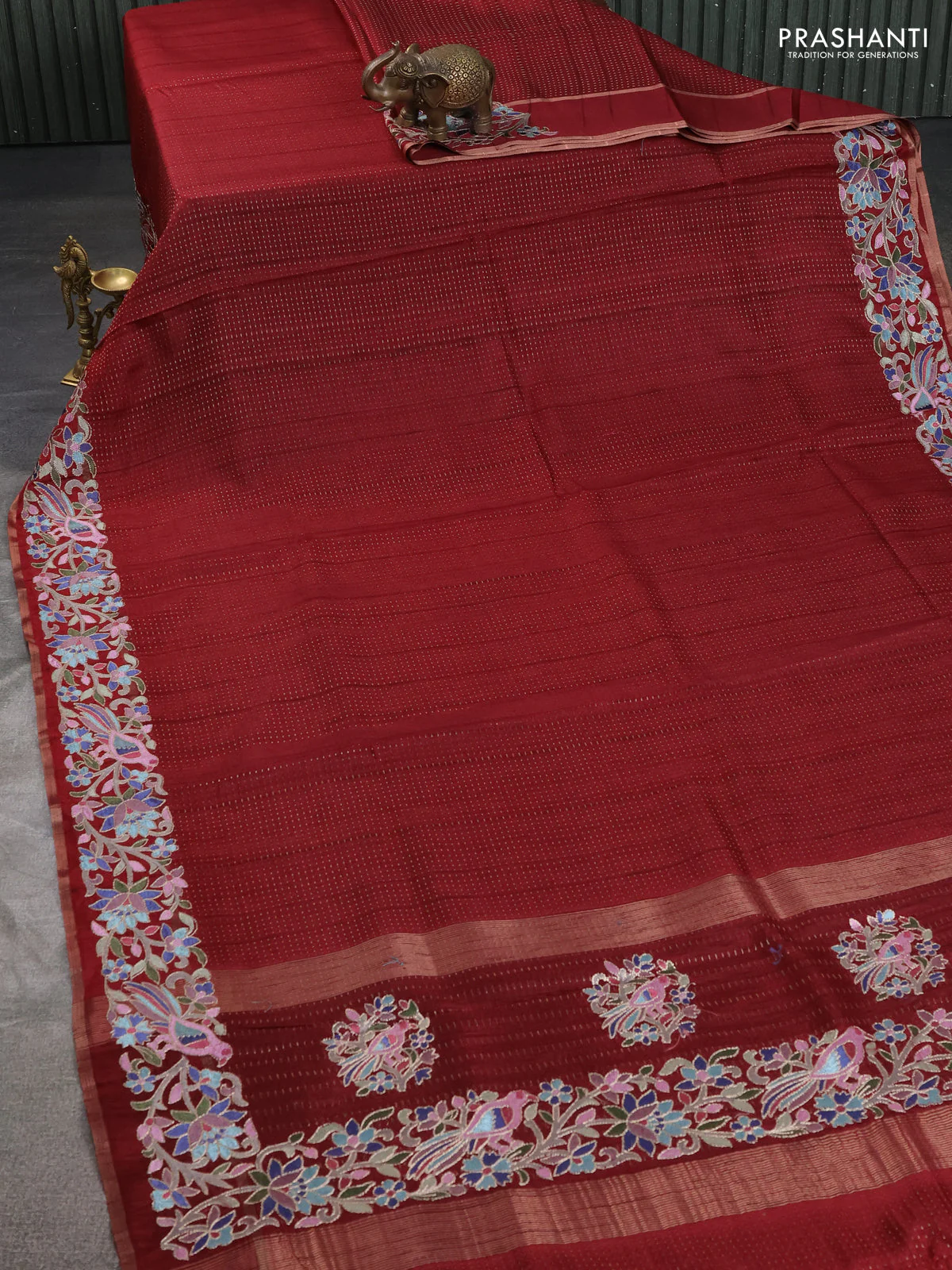 Semi tussar saree maroon with zari weaves and embroidery border - Image 2
