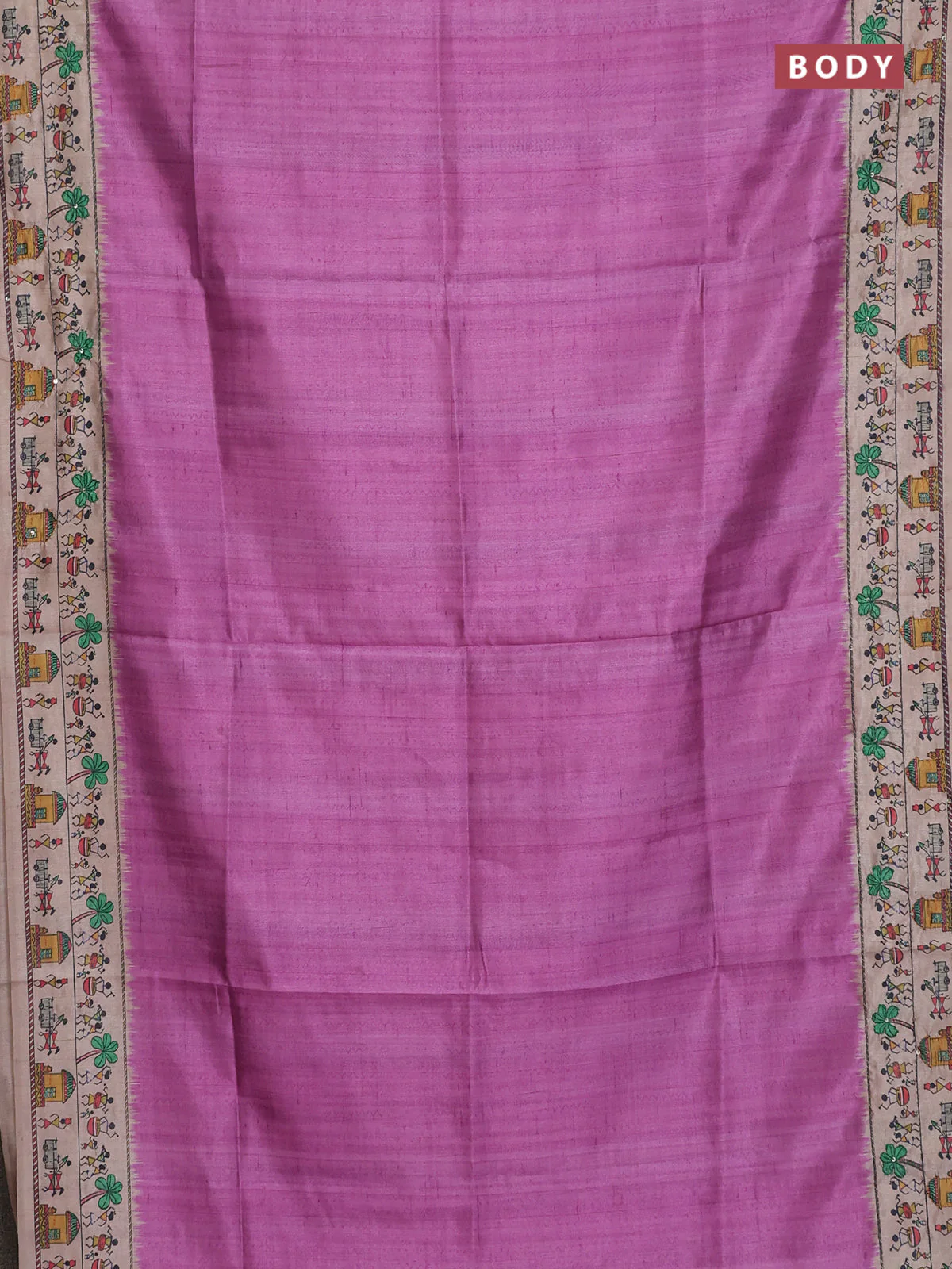 Semi tussar saree mauve pink and beige with plain body and warli prints kantha stitch work border - Image 2