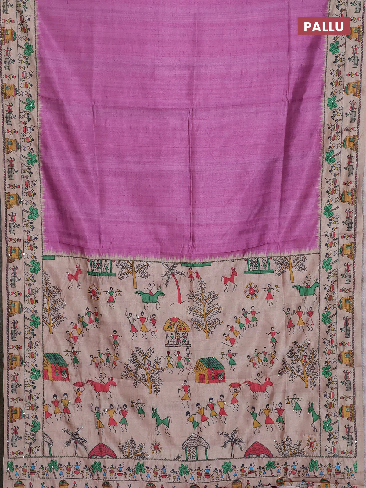 Semi tussar saree mauve pink and beige with plain body and warli prints kantha stitch work border - Image 3