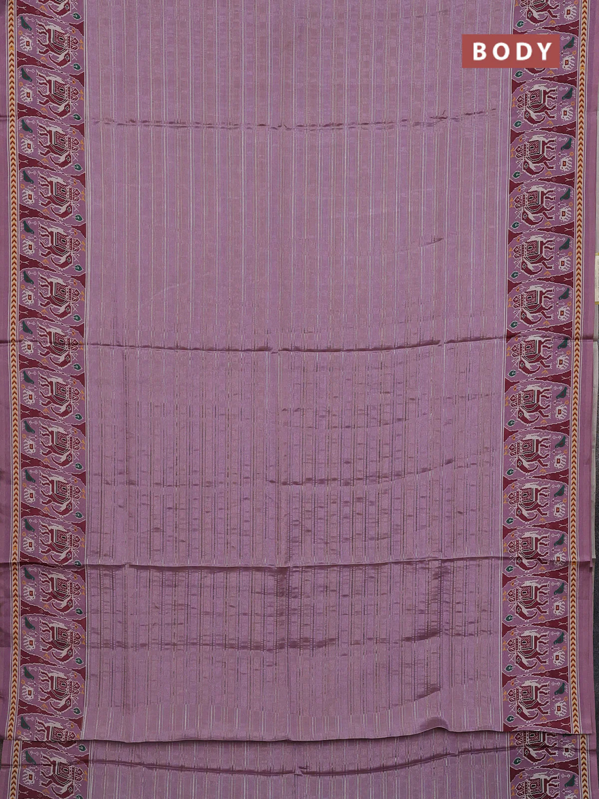 Semi tussar saree mauve pink with zari stripes pattern and patola printed border - Image 2